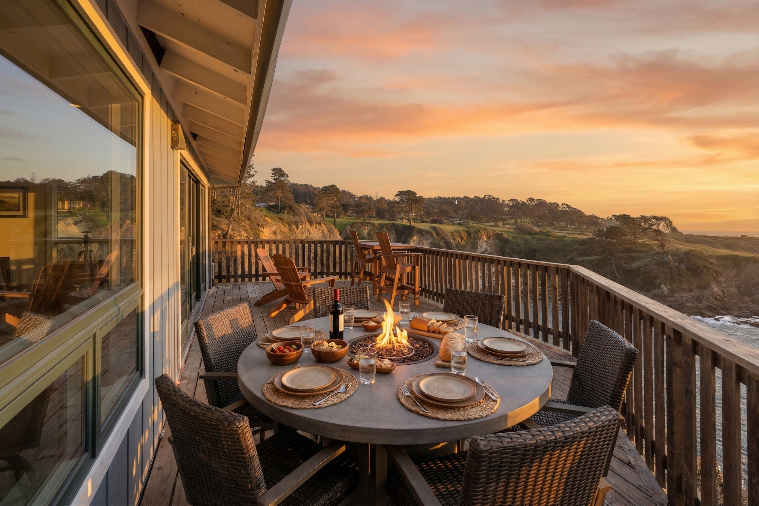 Oceanfront deck with fire-table dining and stunning sunset views