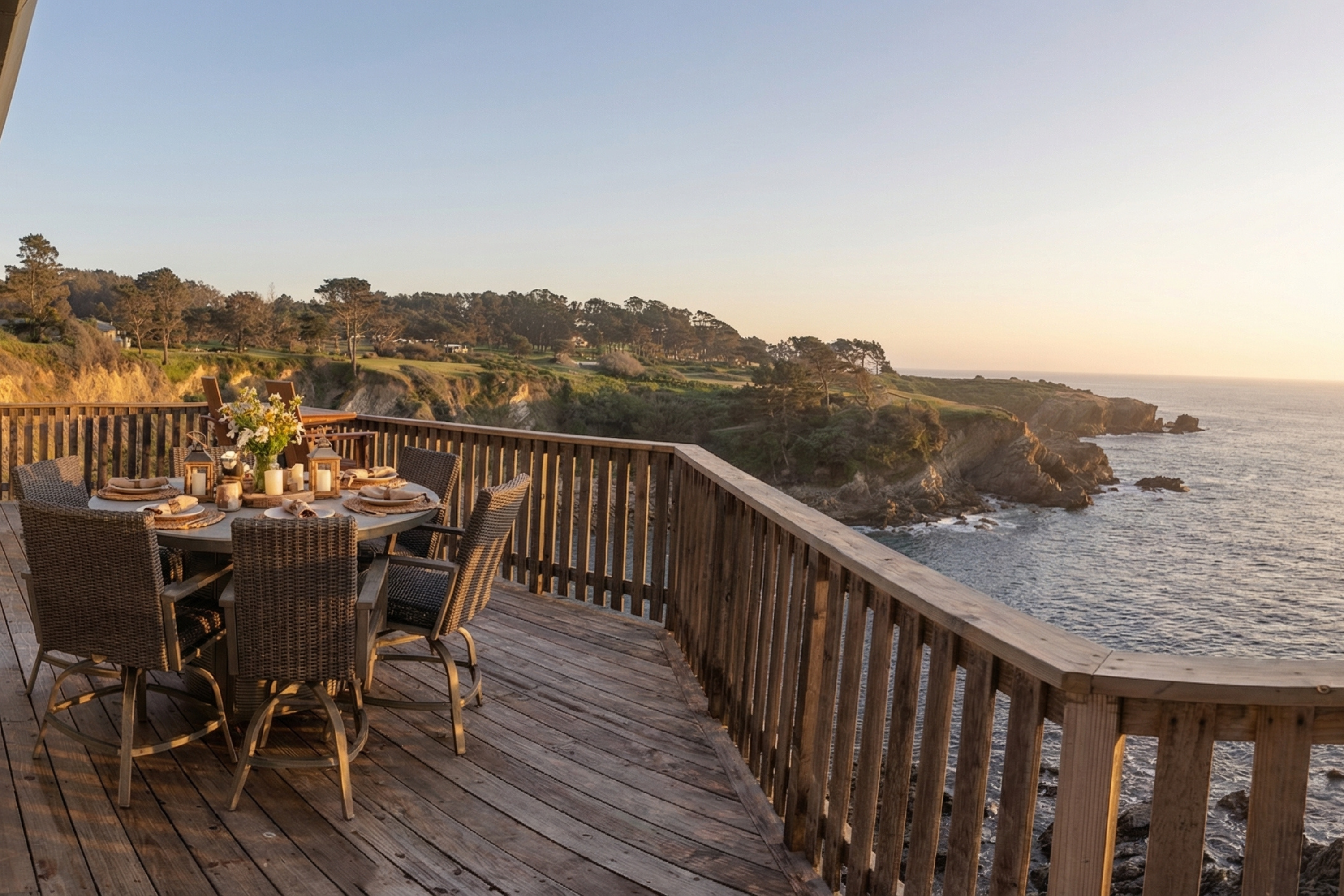 Oceanfront deck with cliffside views and sunset-ready dining table