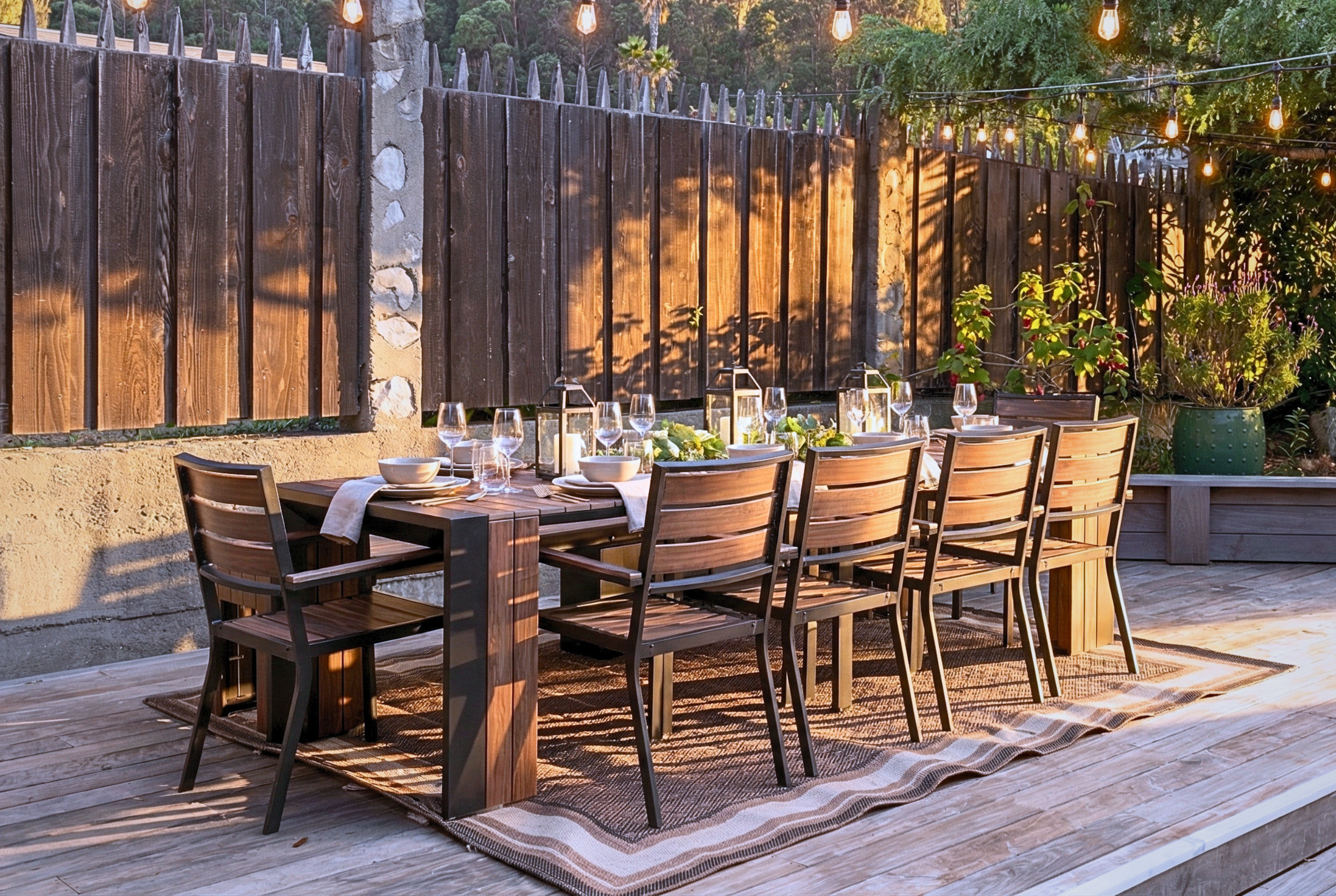 Inviting outdoor dining deck with string lights and seating for 8