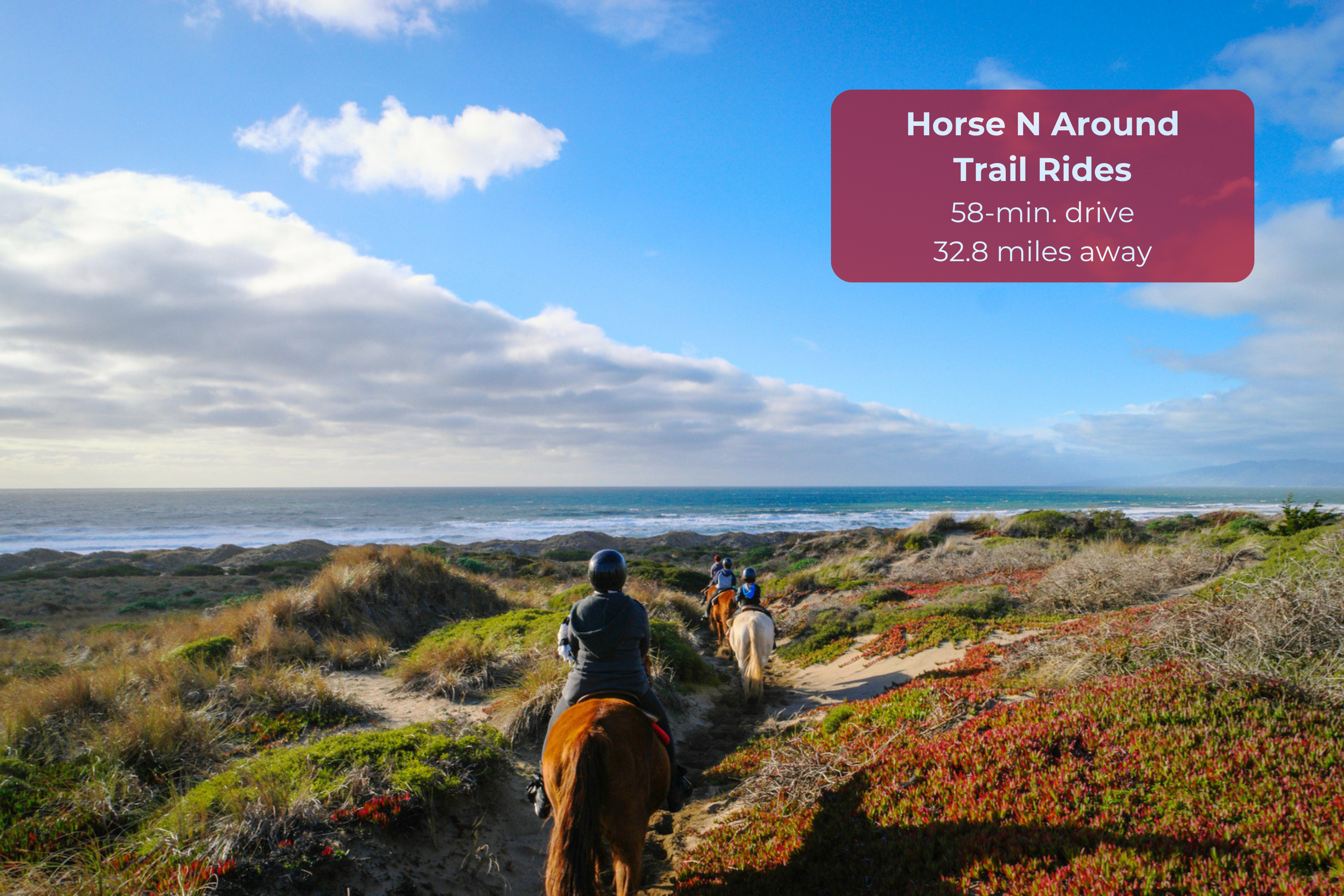 Scenic coastal horseback riding just 58 minutes away
