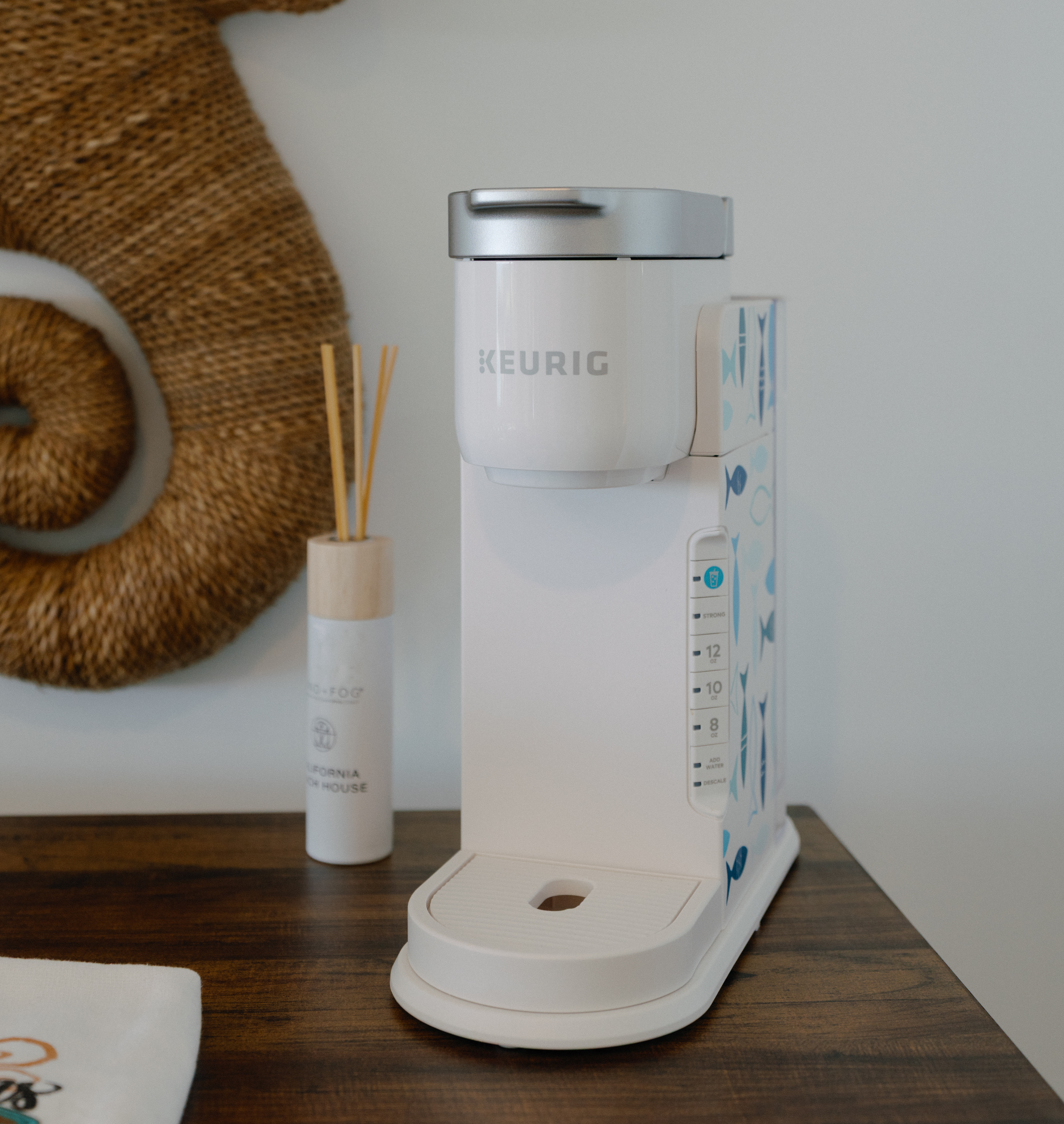 Sleek coastal Keurig station with diffuser—brew 6–12 oz in minutes