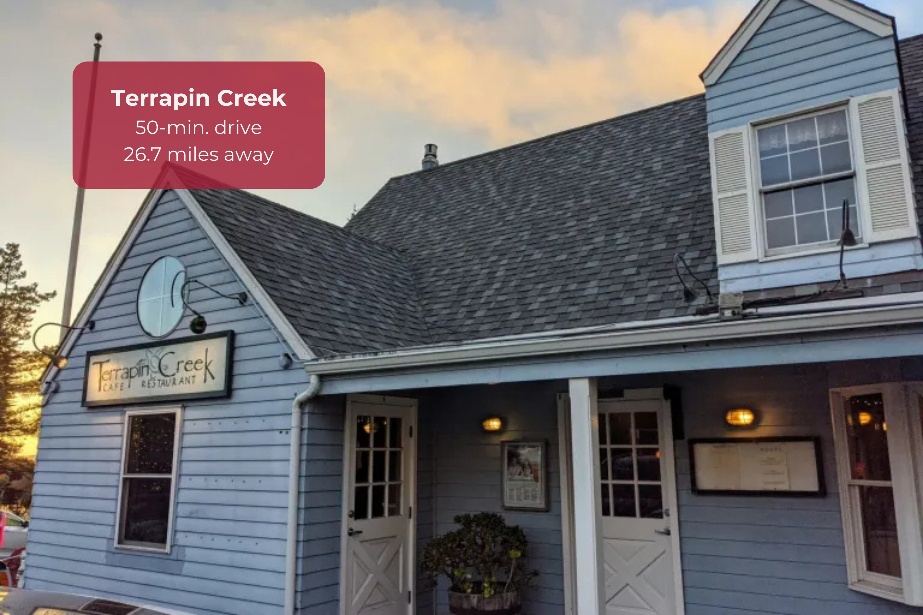Near Terrapin Creek—easy access to a charming local dining spot