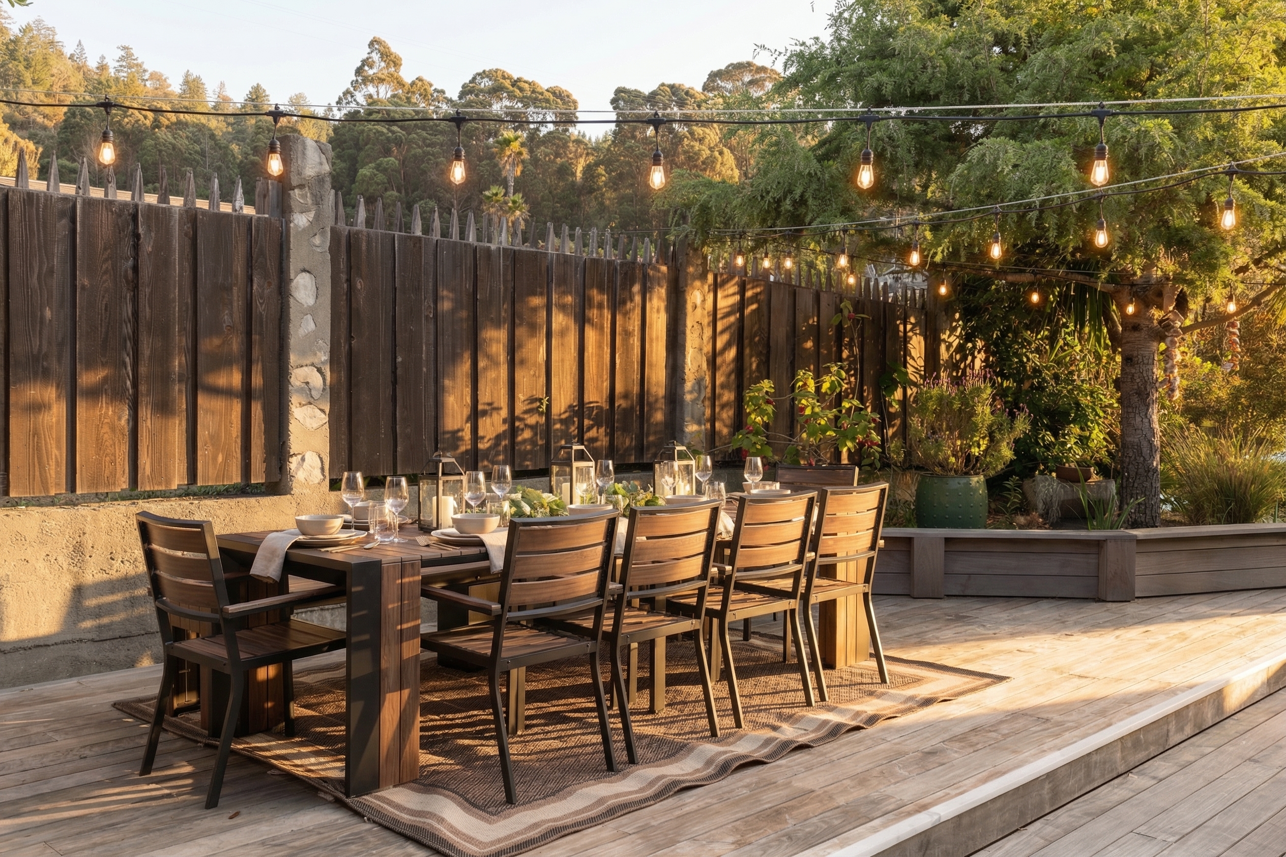 Spacious deck dining for eight beneath string lights, with serene forest views