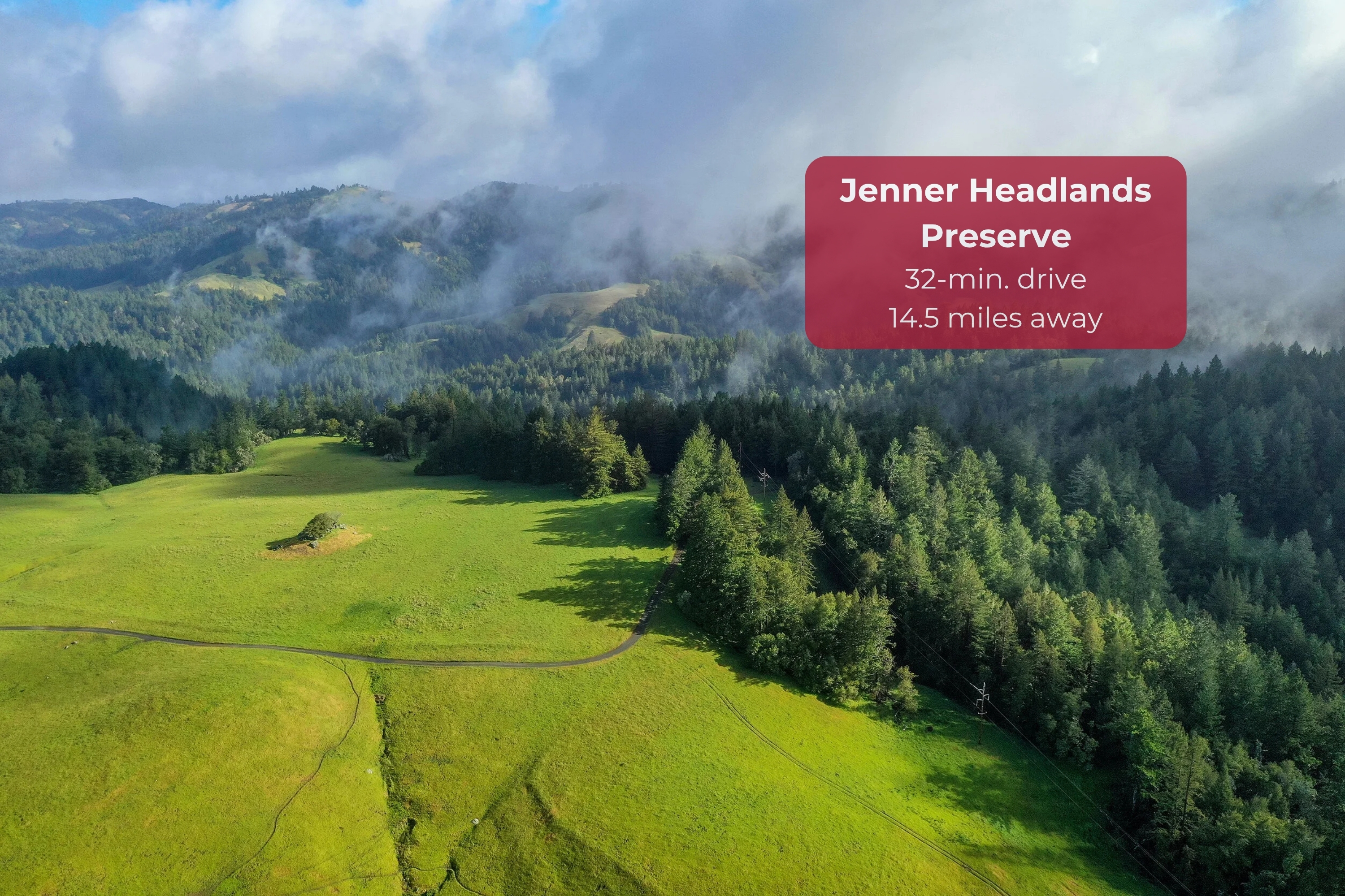 Peaceful meadow views with Jenner Headlands Preserve just 32 minutes away