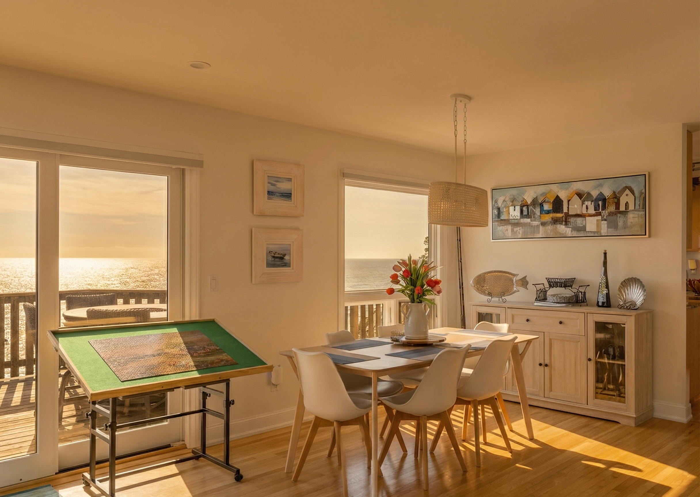 Sunlit dining with ocean-view deck, coastal décor, and serene sunsets.