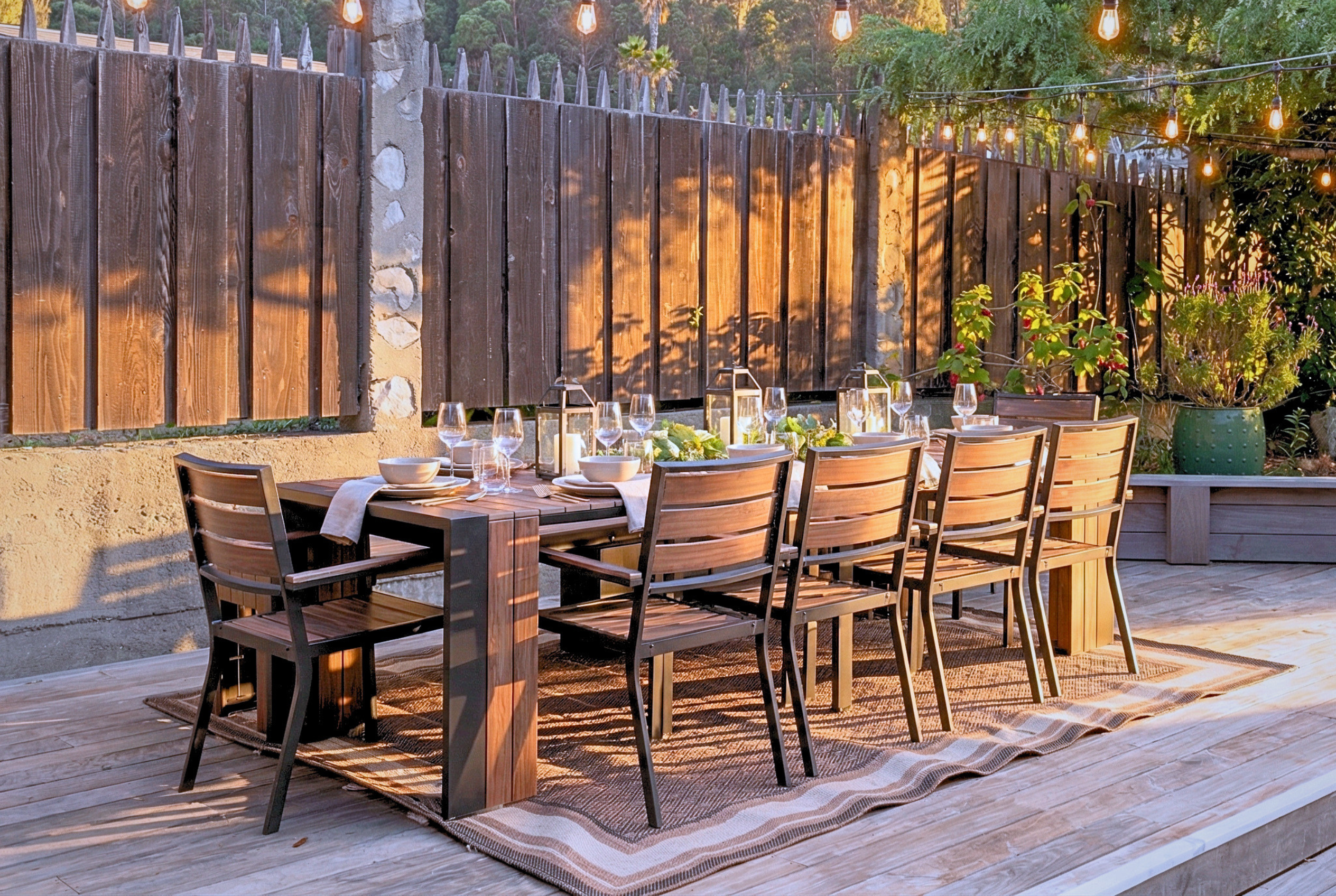 Private deck dining for 8 with string lights and cozy evening ambiance