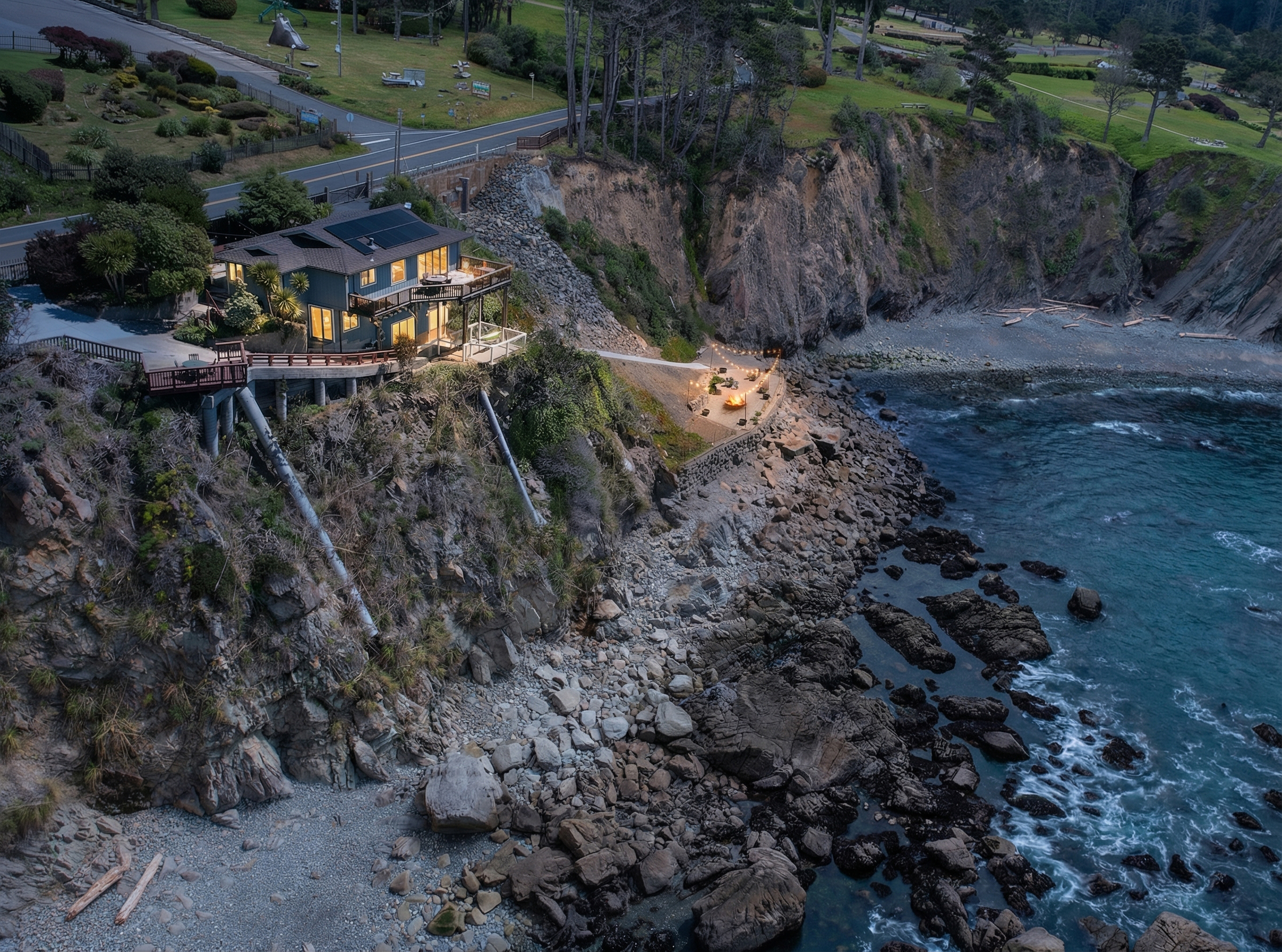 Cliffside coastal retreat with panoramic decks, private cove & fire pit