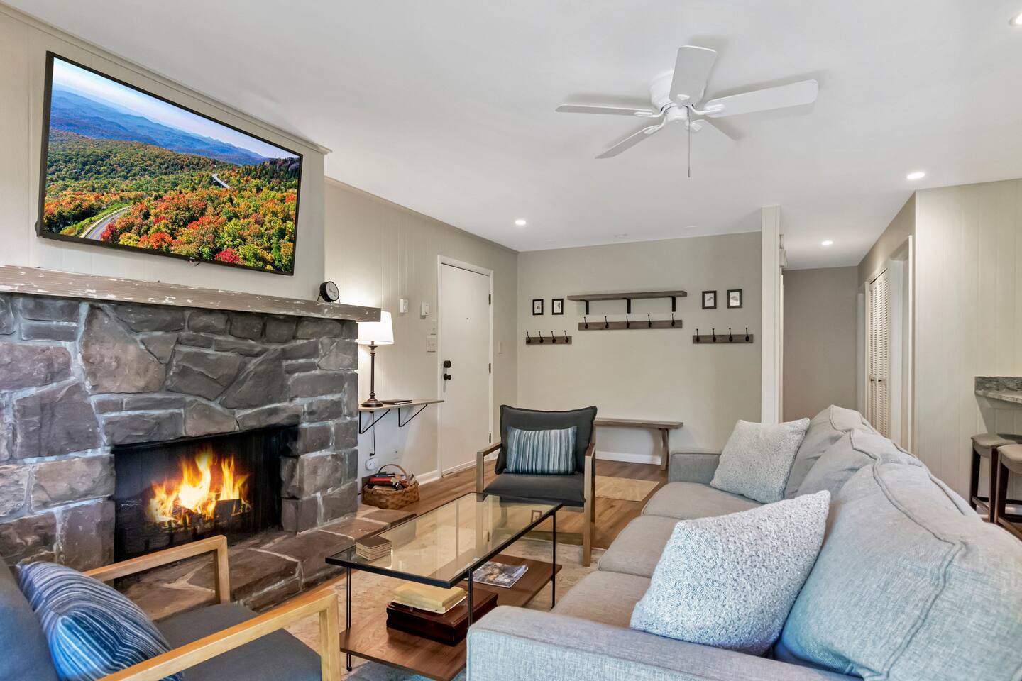 Living room with gas fireplace and live TV