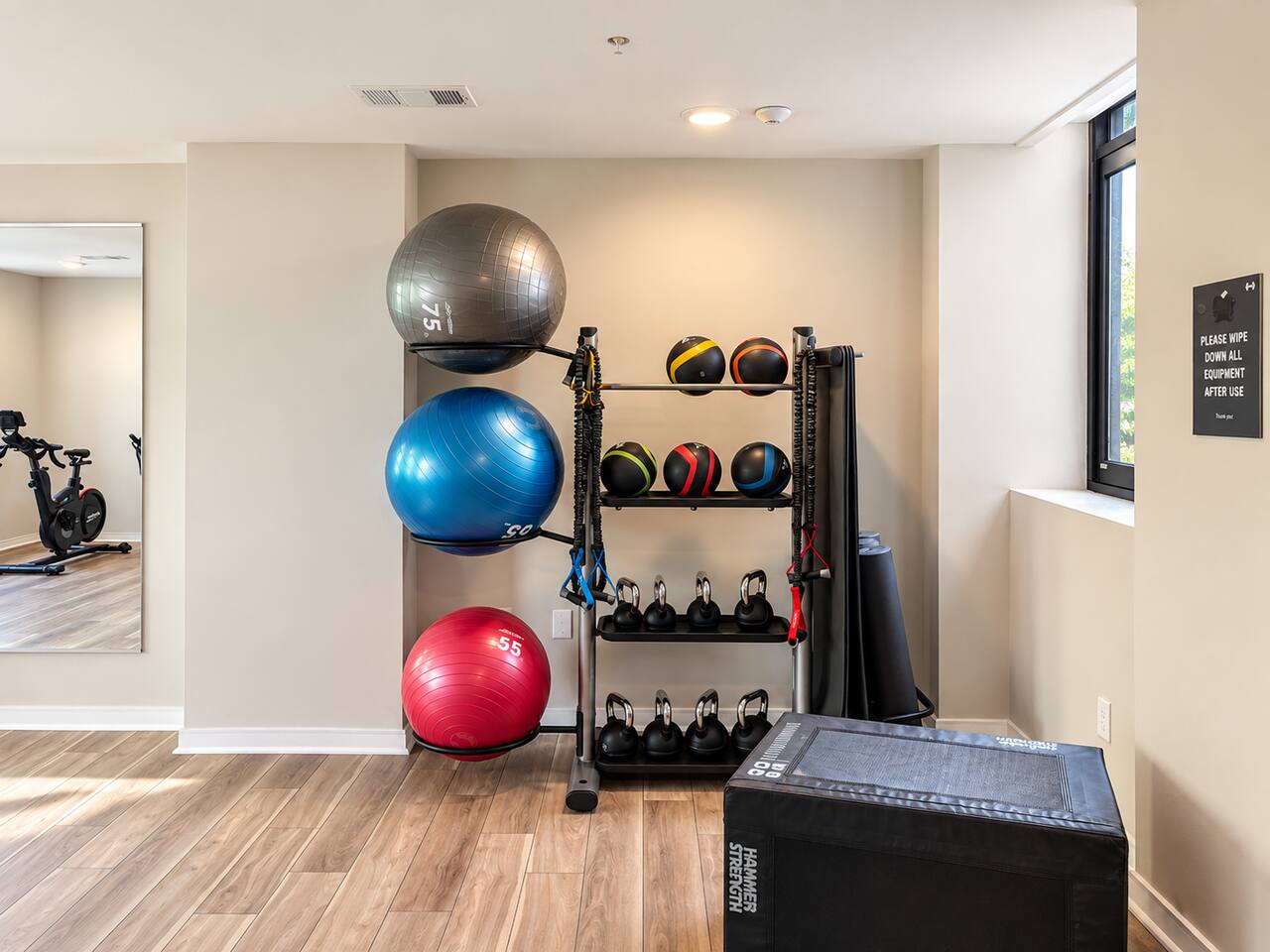 Free weights and stability balls for a quick workout before work.