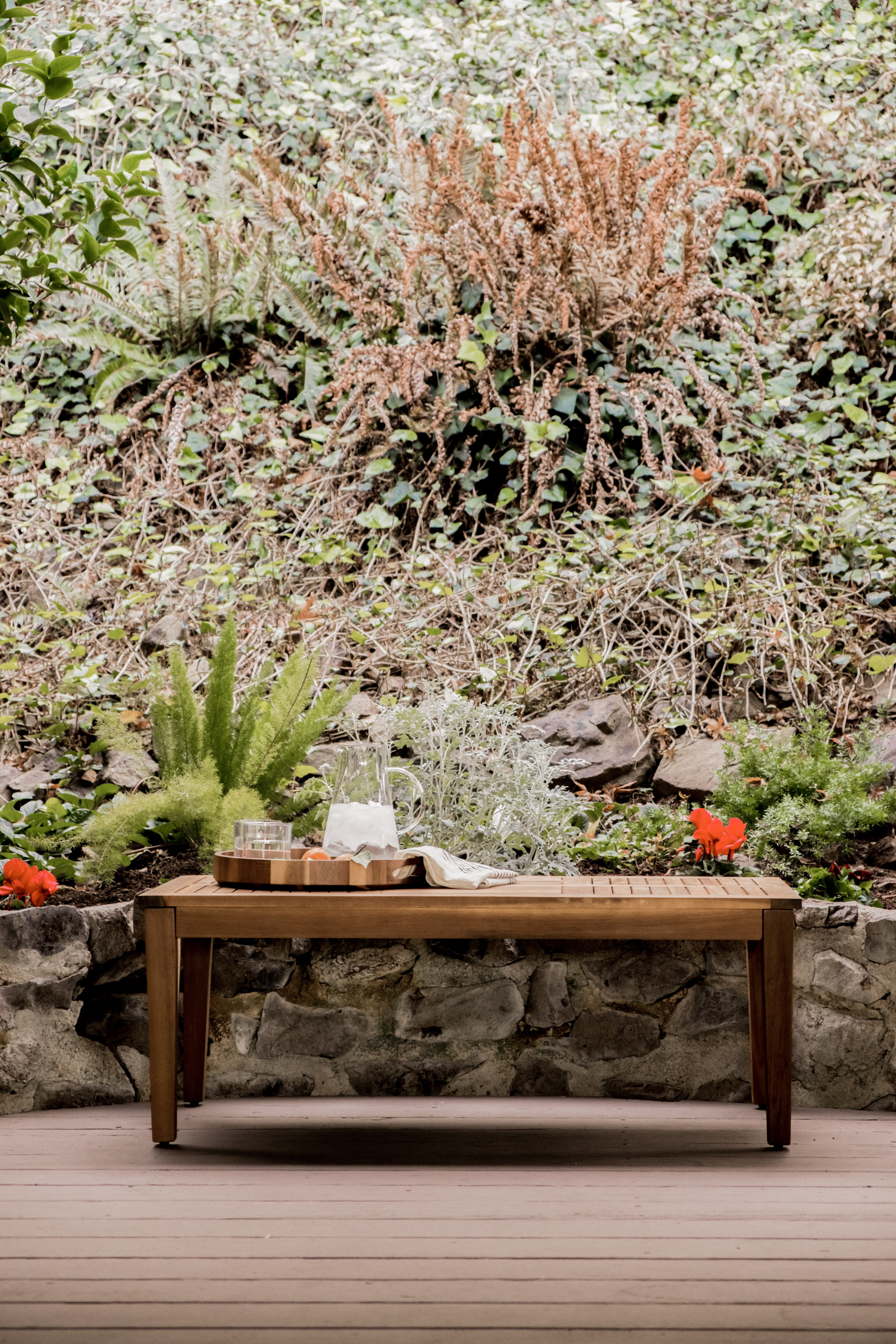 Peaceful garden patio with rustic charm and lush natural surroundings