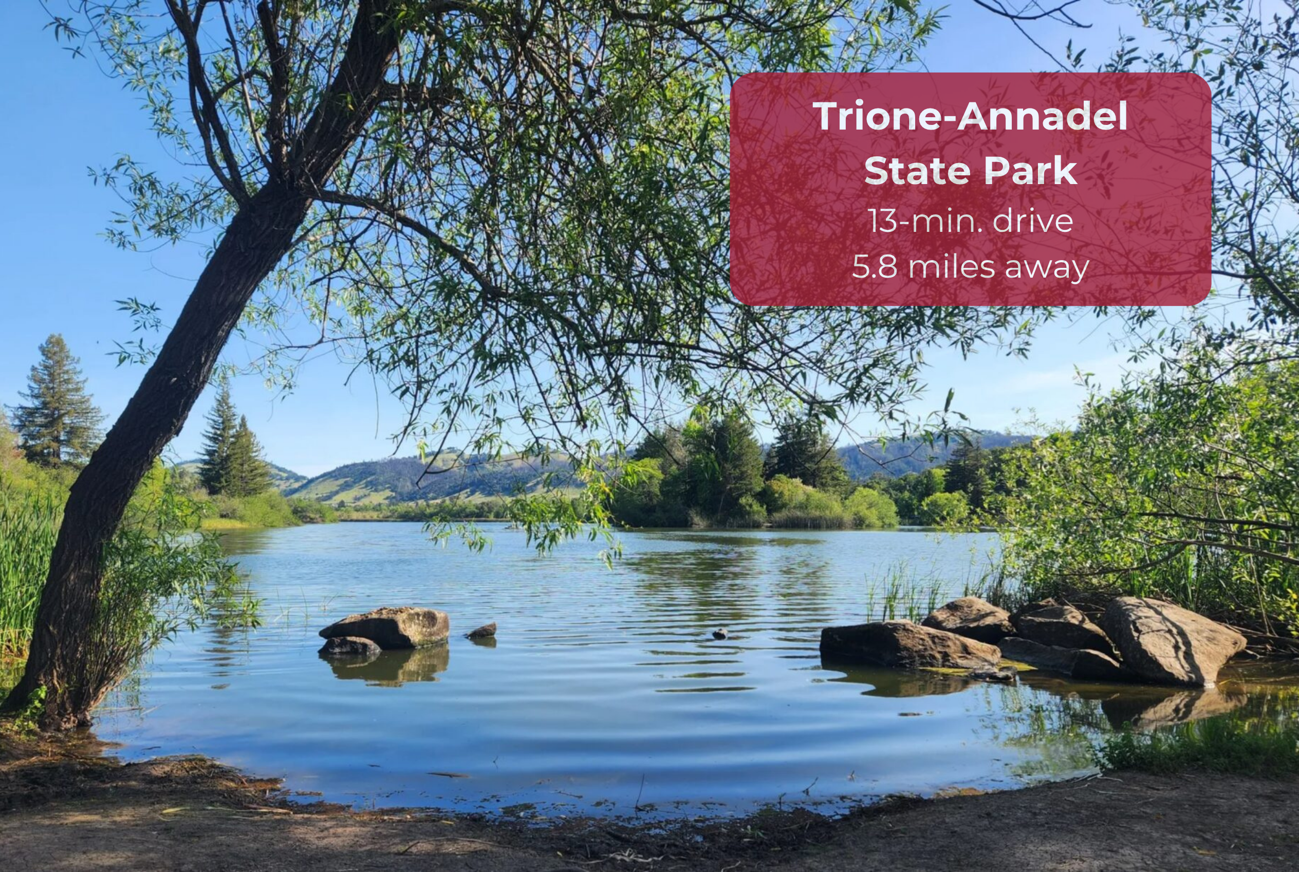 Scenic lake views at Trione-Annadel State Park, just 13 minutes away