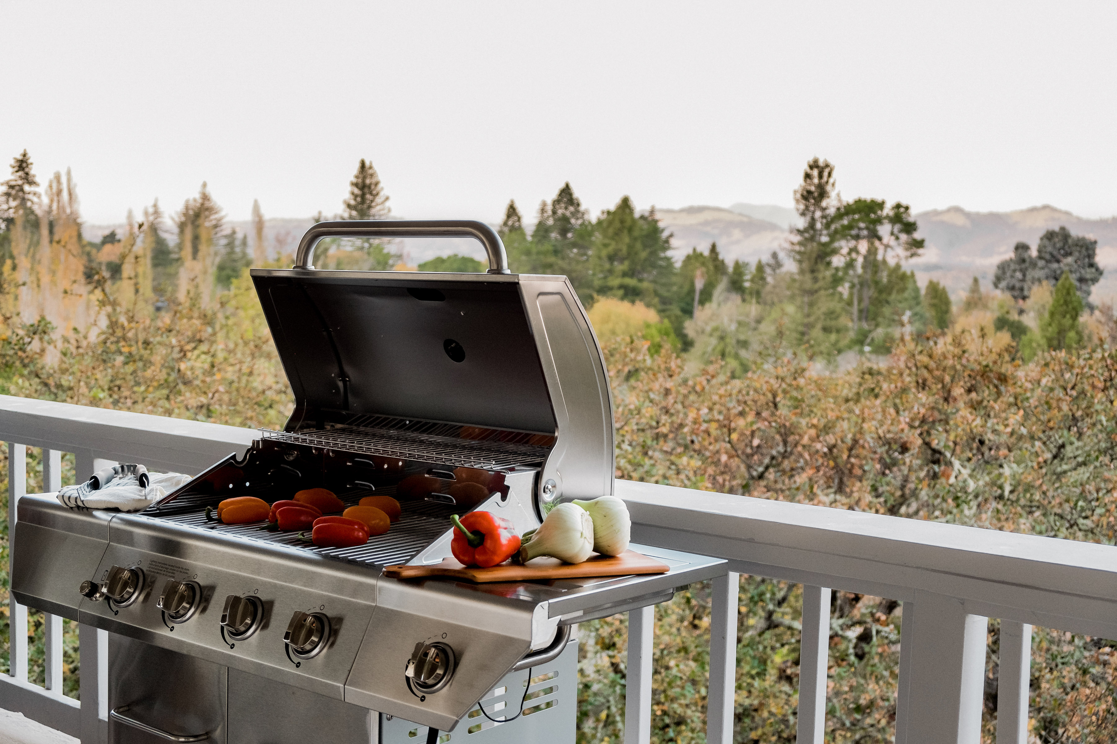 Scenic deck with BBQ grill and peaceful mountain-view backdrop