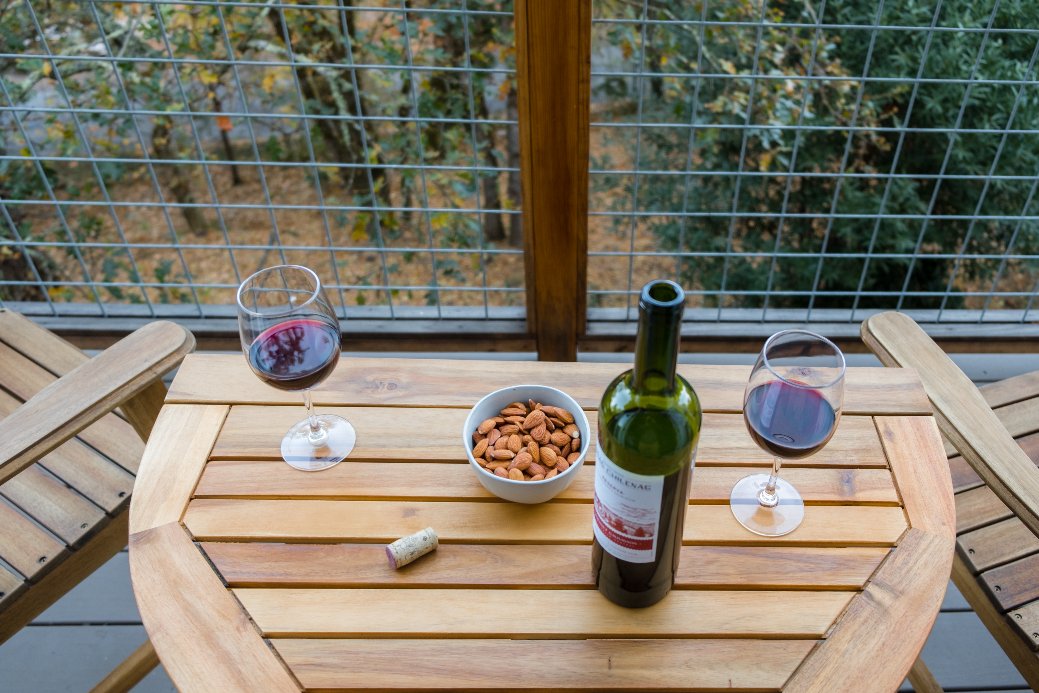 Cozy forest-view balcony with wine seating for two