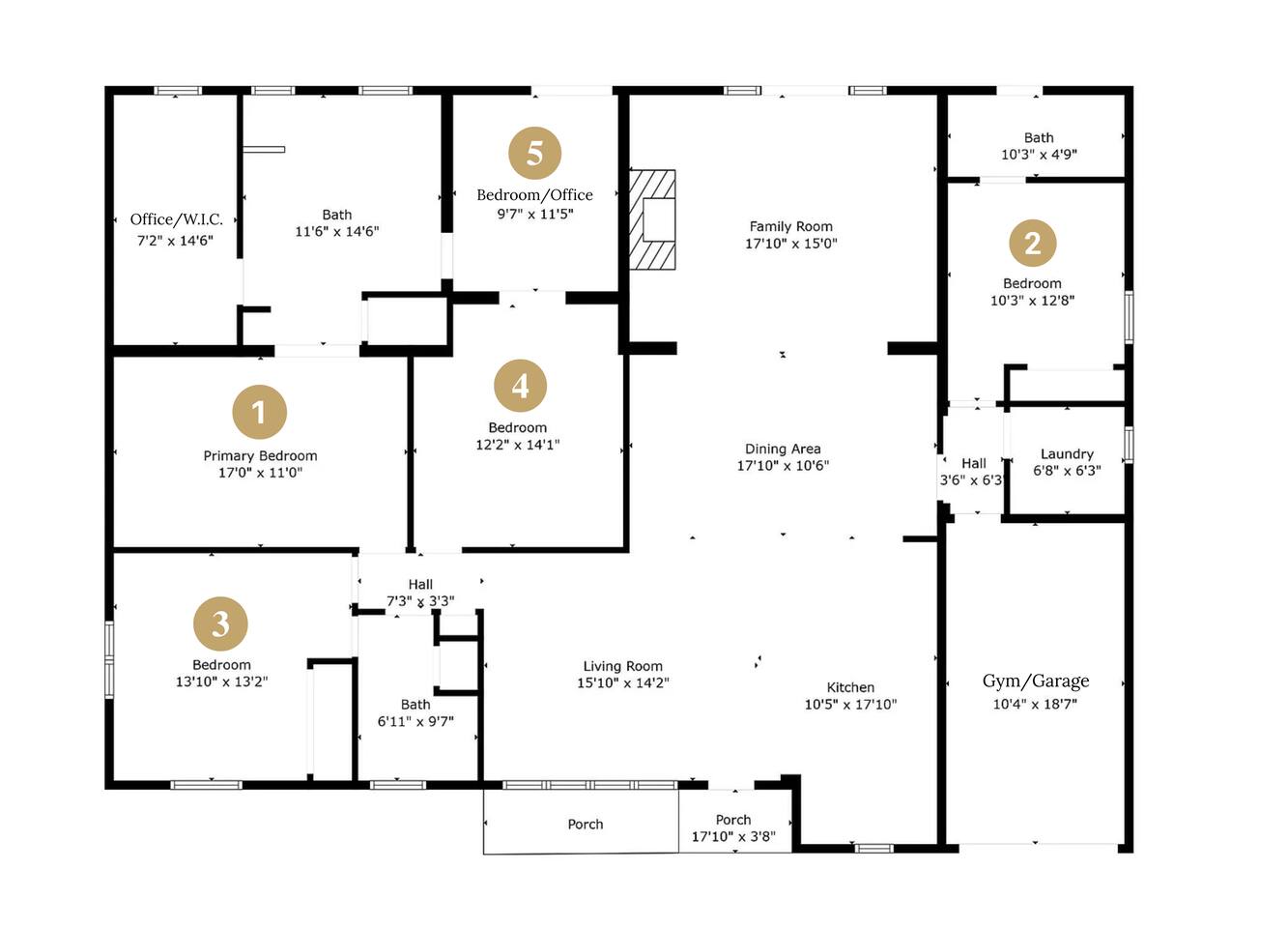 Floor plan with location of each bedroom, gym, office space