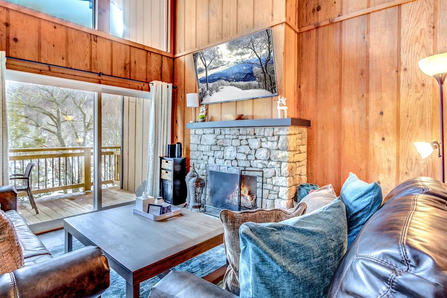 Cozy gas fireplace with TV