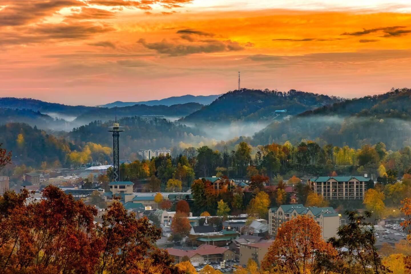 Sunset over The Smoky Mountains surrounding Gatlinburg.