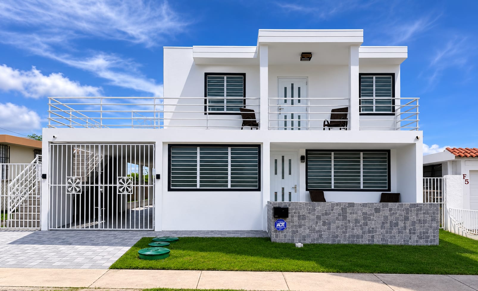 Modern two-story home with balcony, gated parking, and lush front lawn