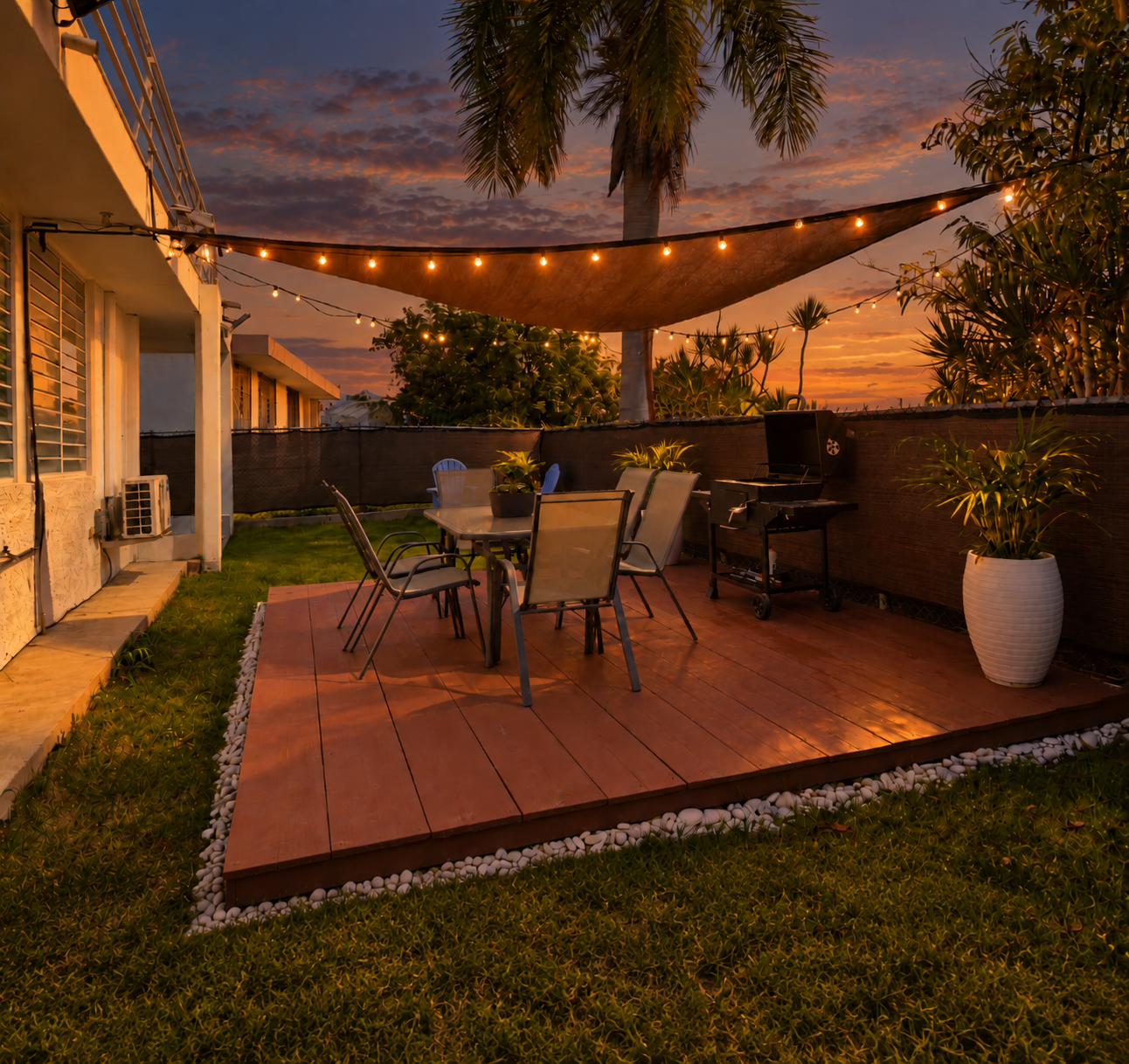 Sunset patio with string lights, shaded dining deck, and private grill
