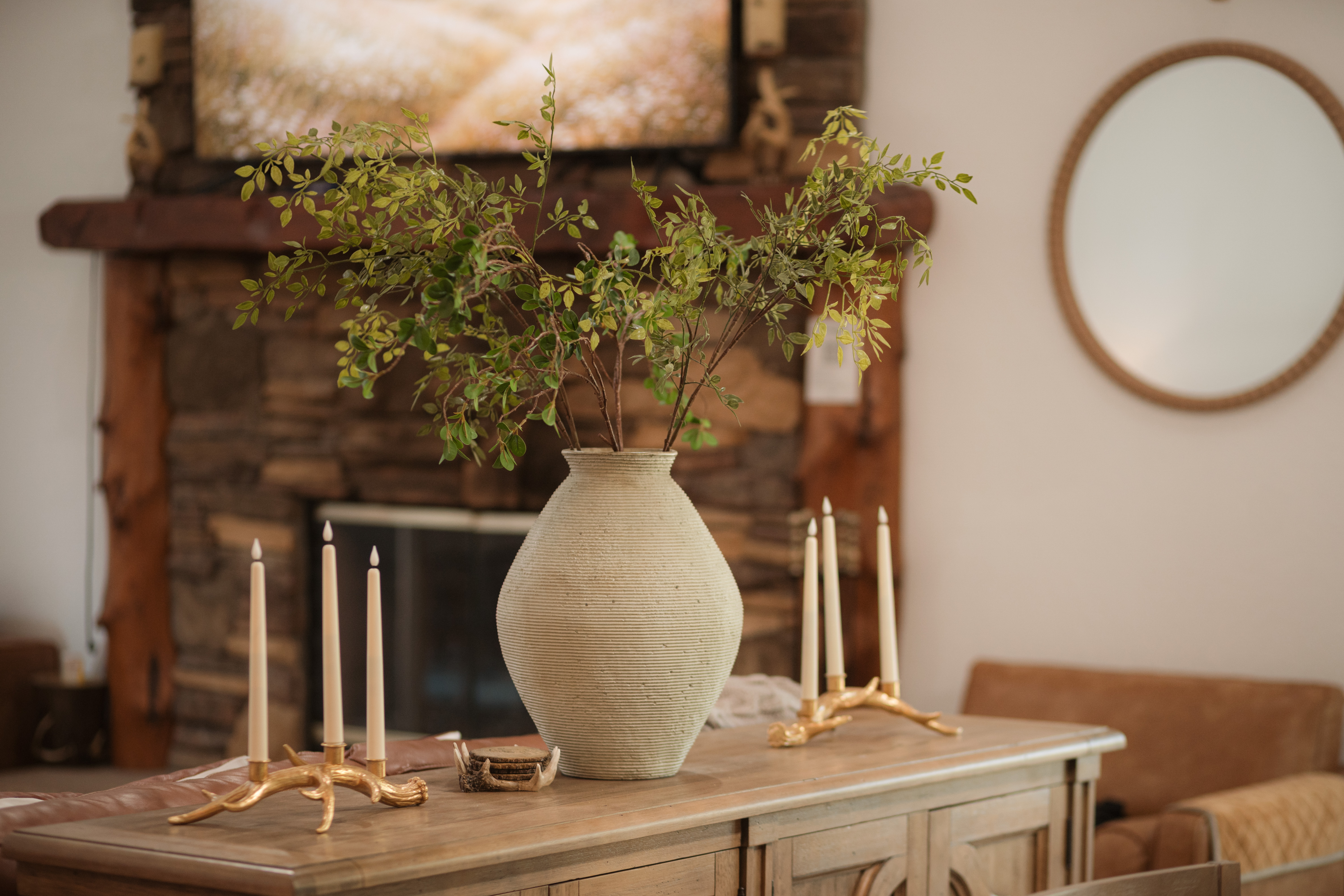 Rustic-chic living space with cozy fireplace and elegant decor
