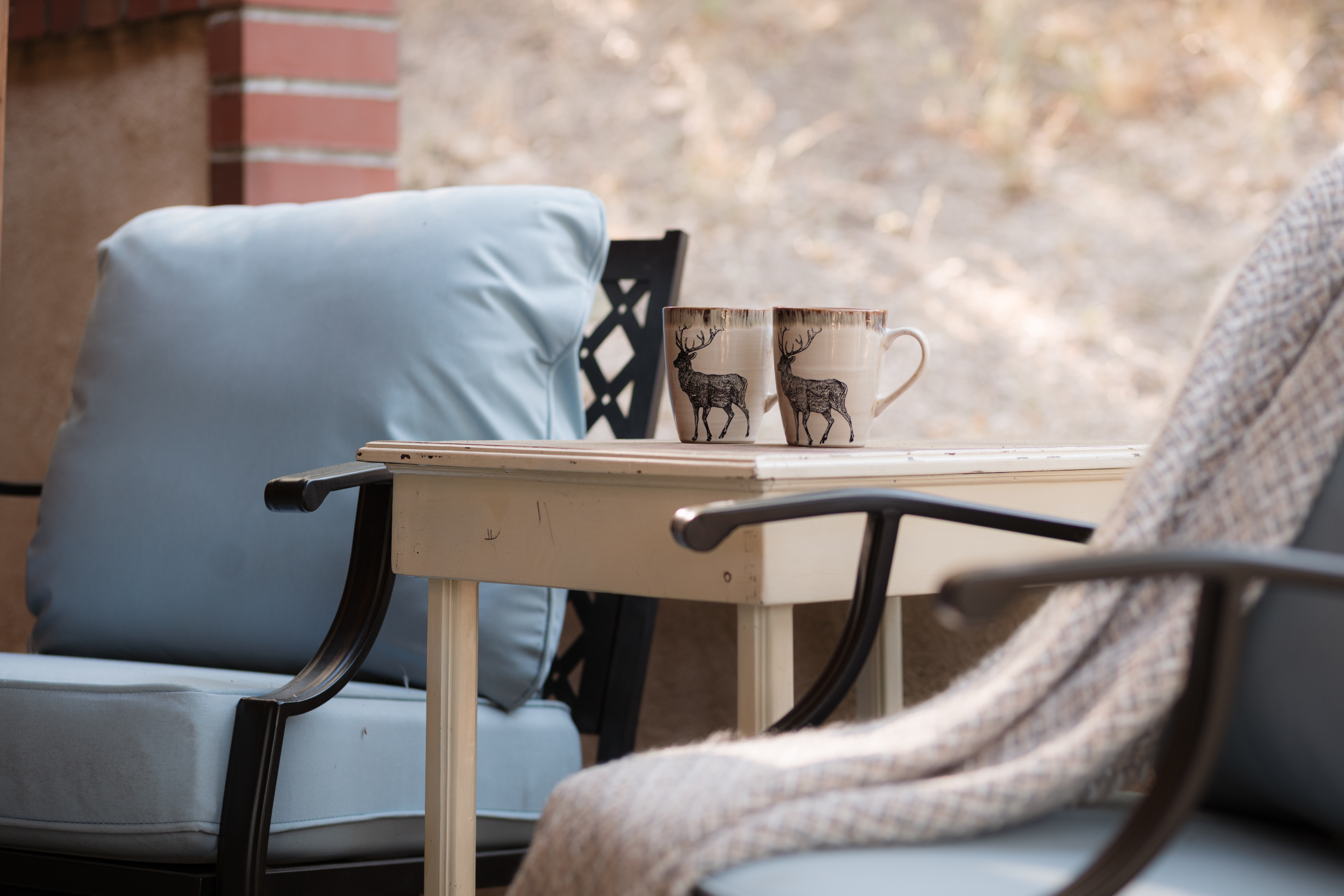 Cozy patio nook with cushioned seating and a peaceful coffee-for-two setup