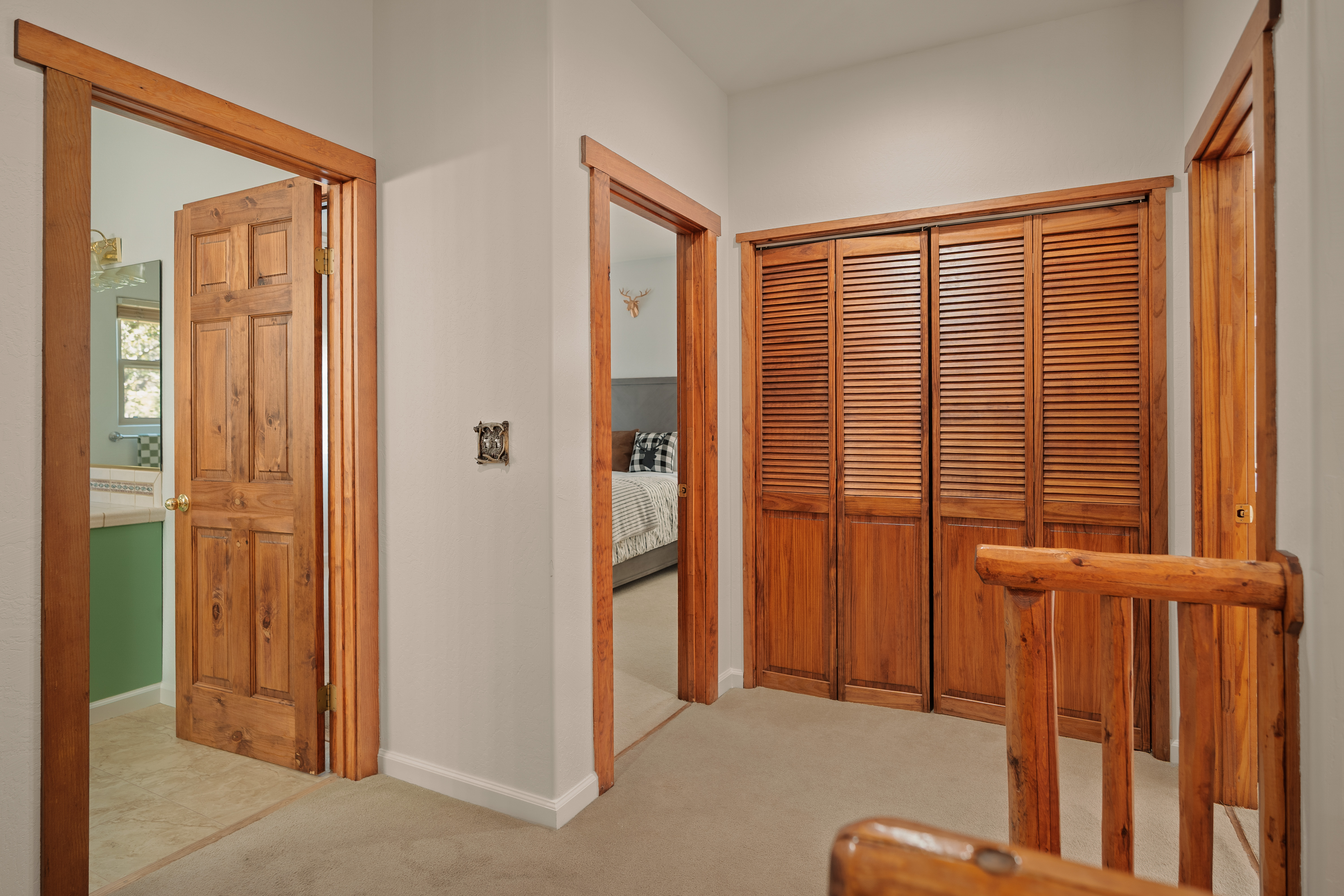 Bright hallway with rustic woodwork, large closet, and easy room access