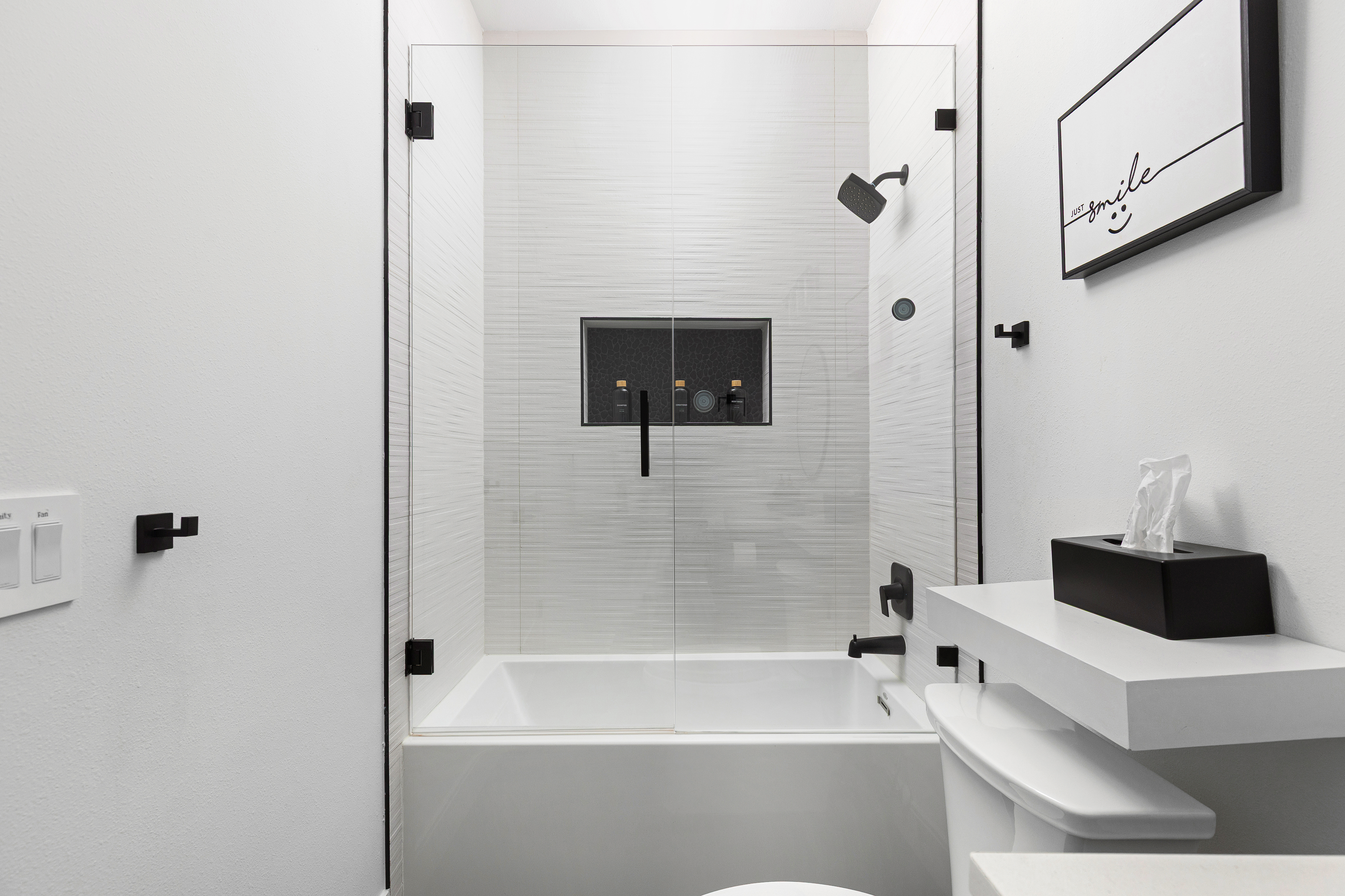 Bunk room en-suite stocked with shampoo, conditioner and body wash