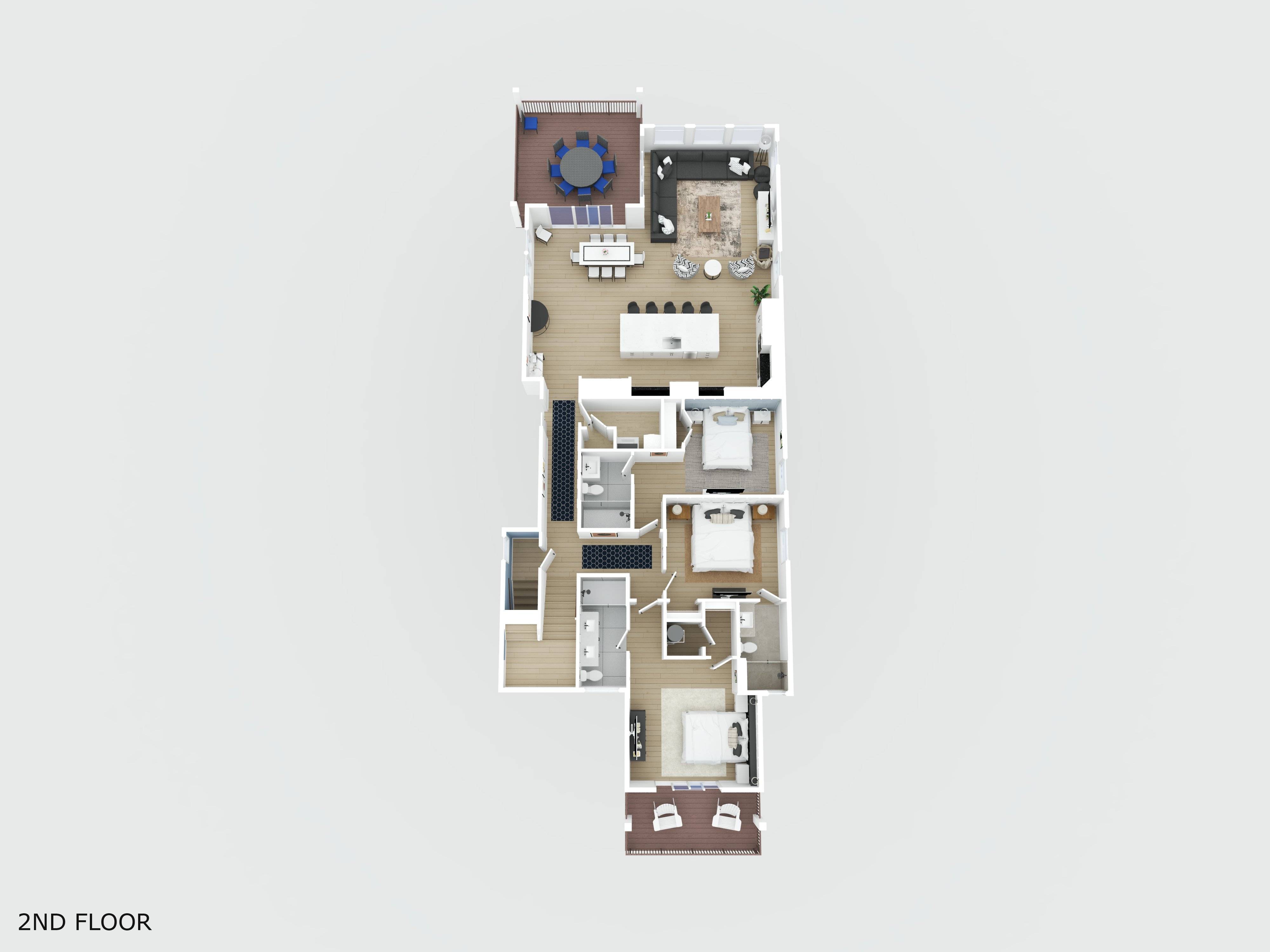 Second-floor layout: open living, 3 king bedrooms, 2 decks