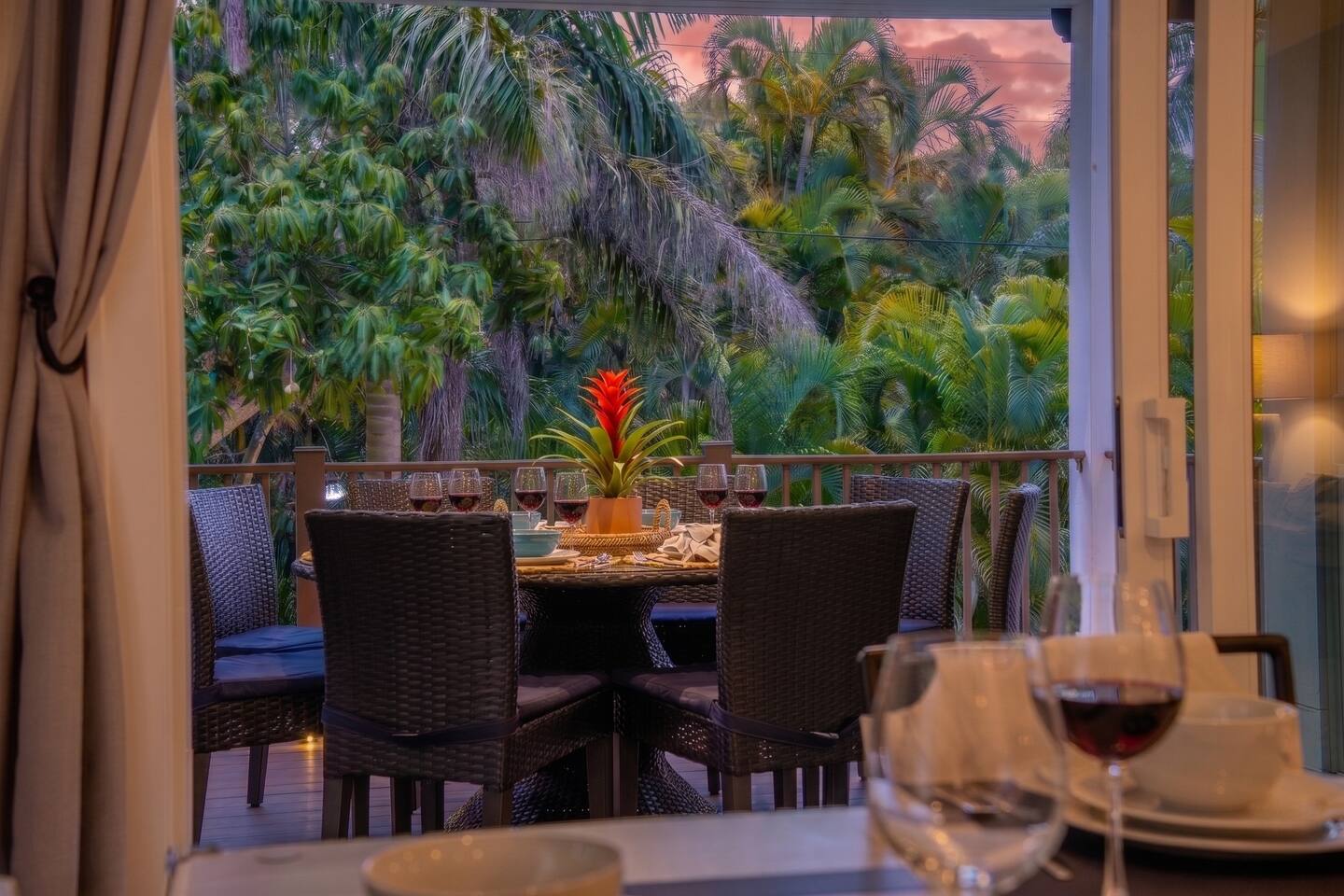 Covered outdoor dining at sunset