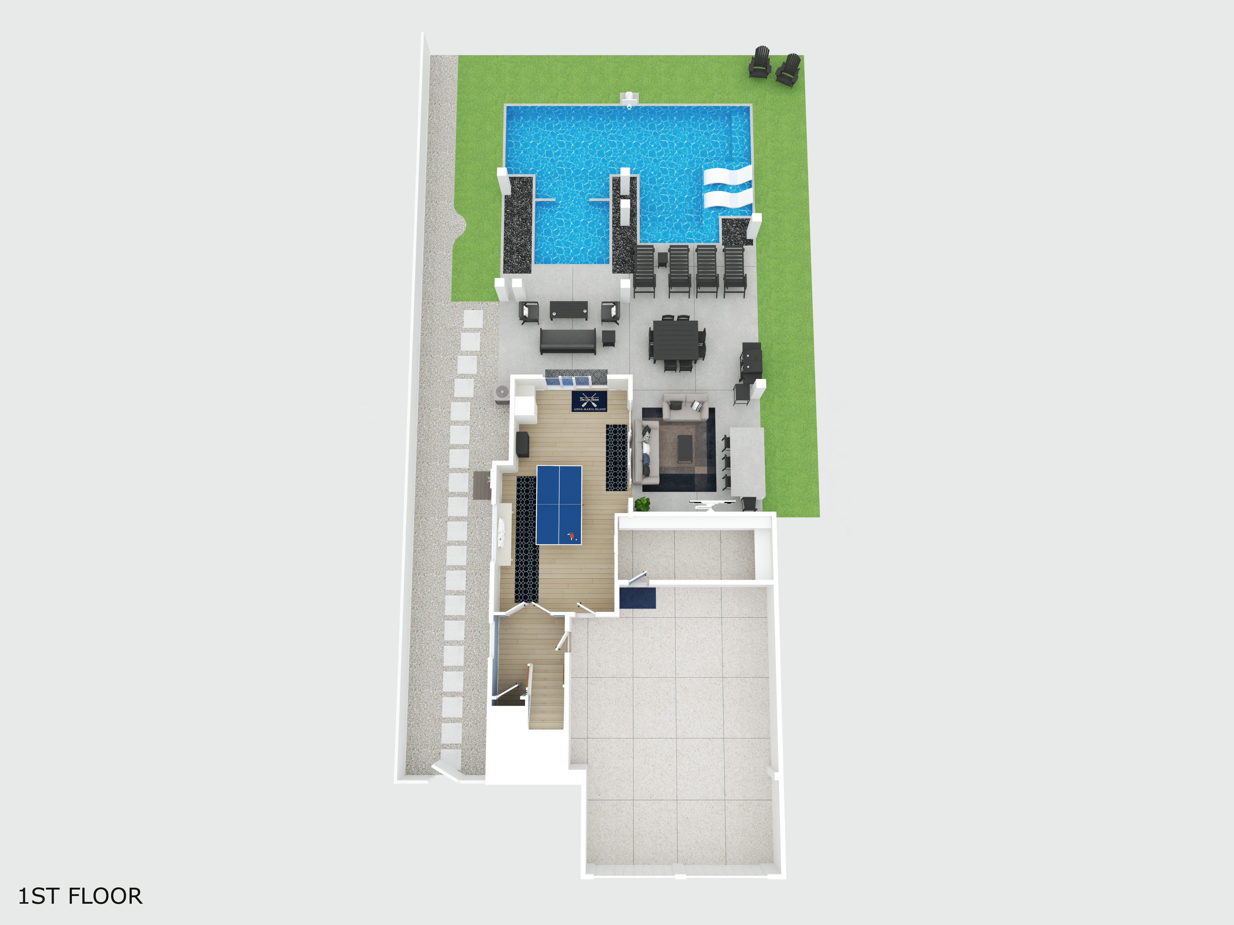 Pool, patio dining, pizza oven, grill, and game area