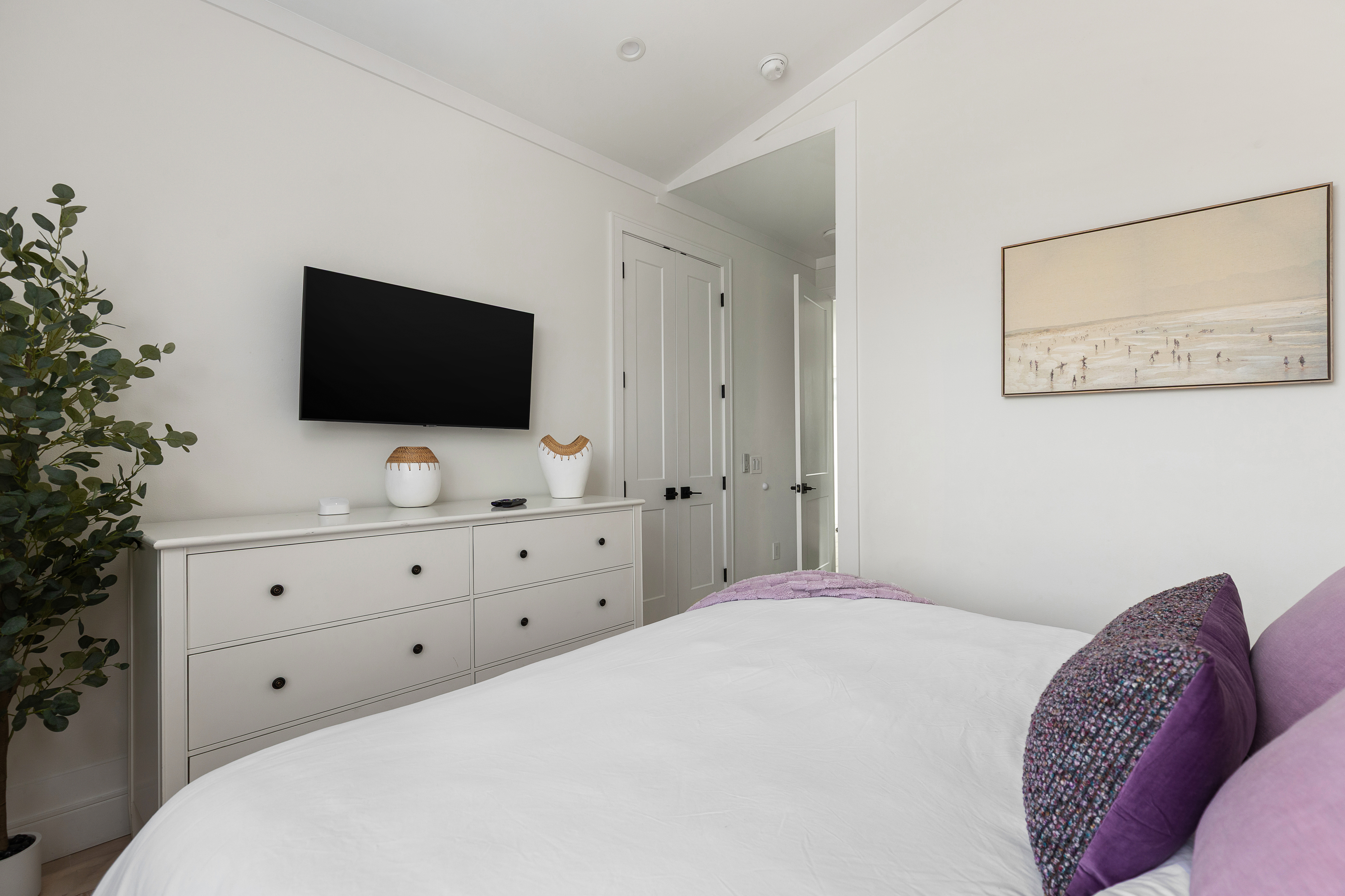 Bedroom with Roku TV, dresser storage and bedside charging