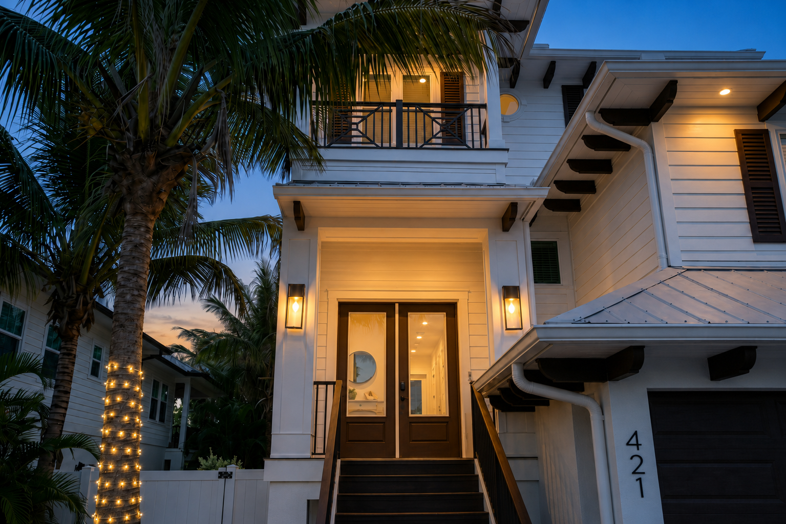 The Oar House at night, glowing entry and palm-lit curb appeal