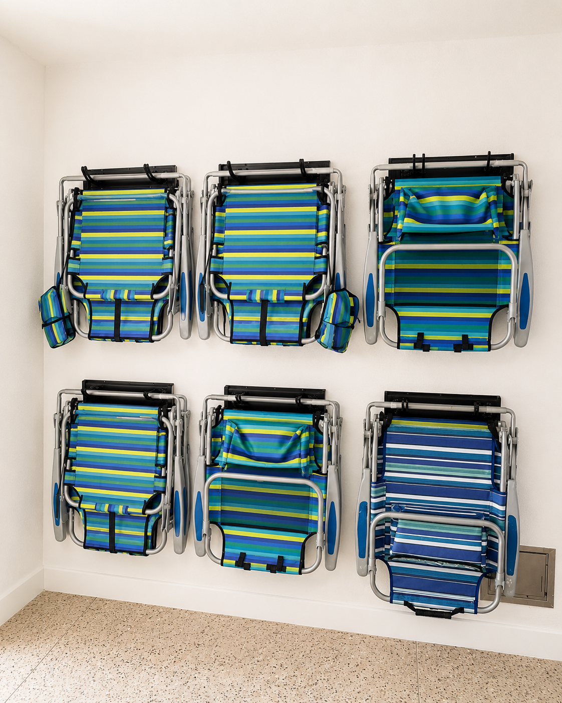 Six beach chairs stored and ready for the day