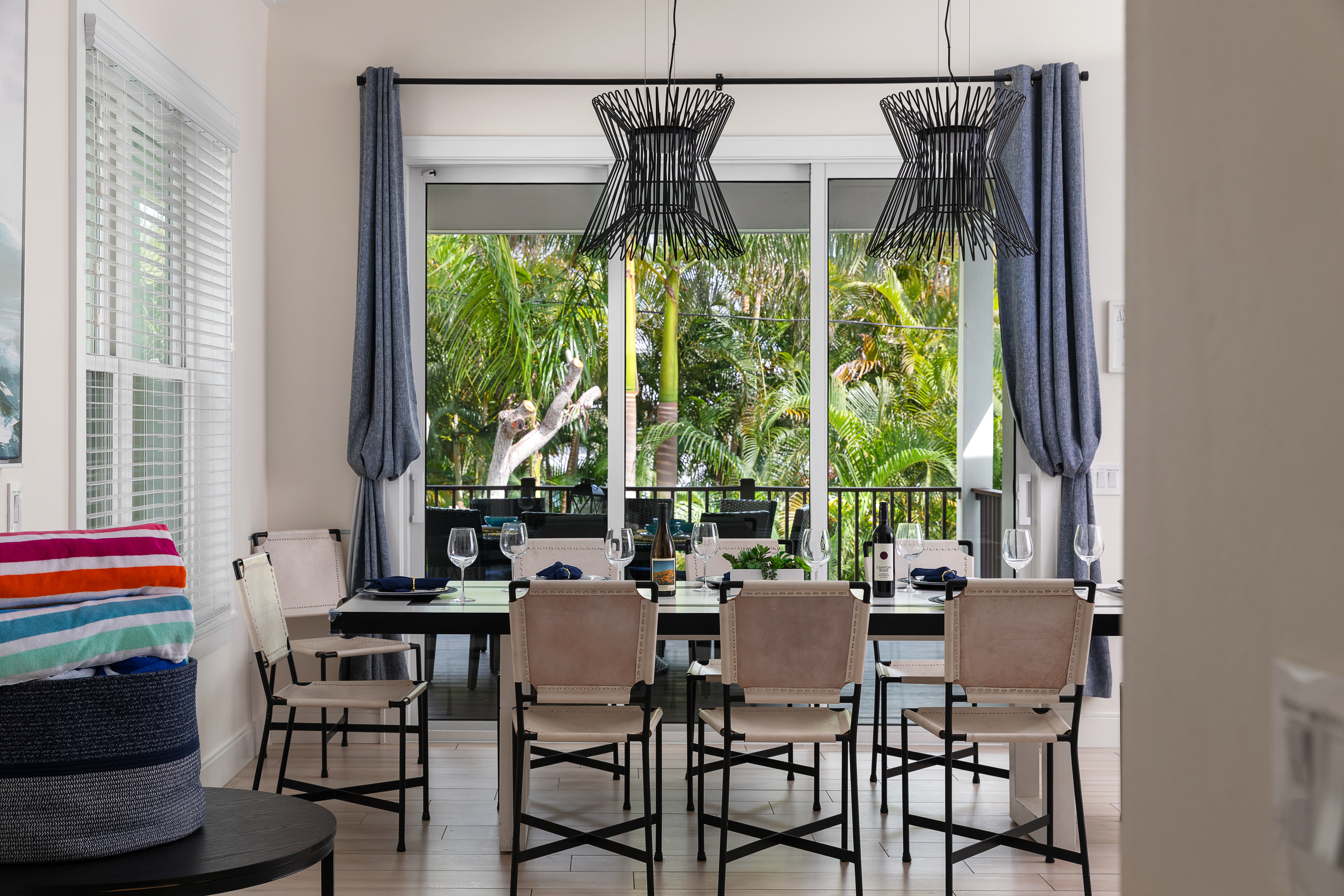 Dining table that seats nine, beside the kitchen island