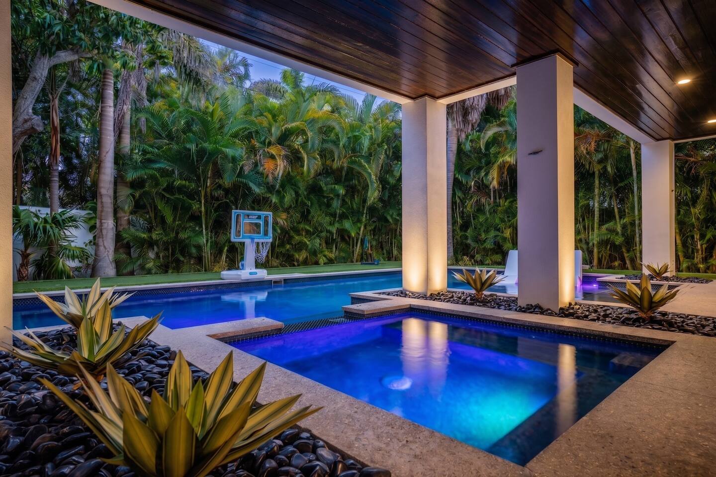 Pool lit at twilight