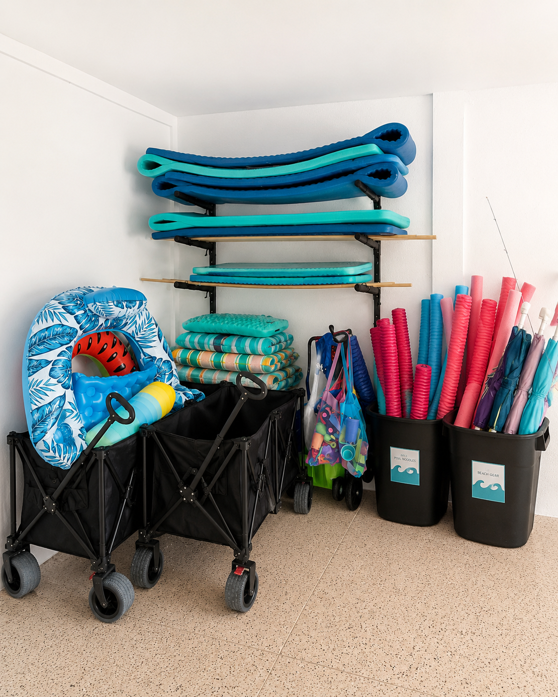Beach gear station with wagons, noodles, boards and family supplies