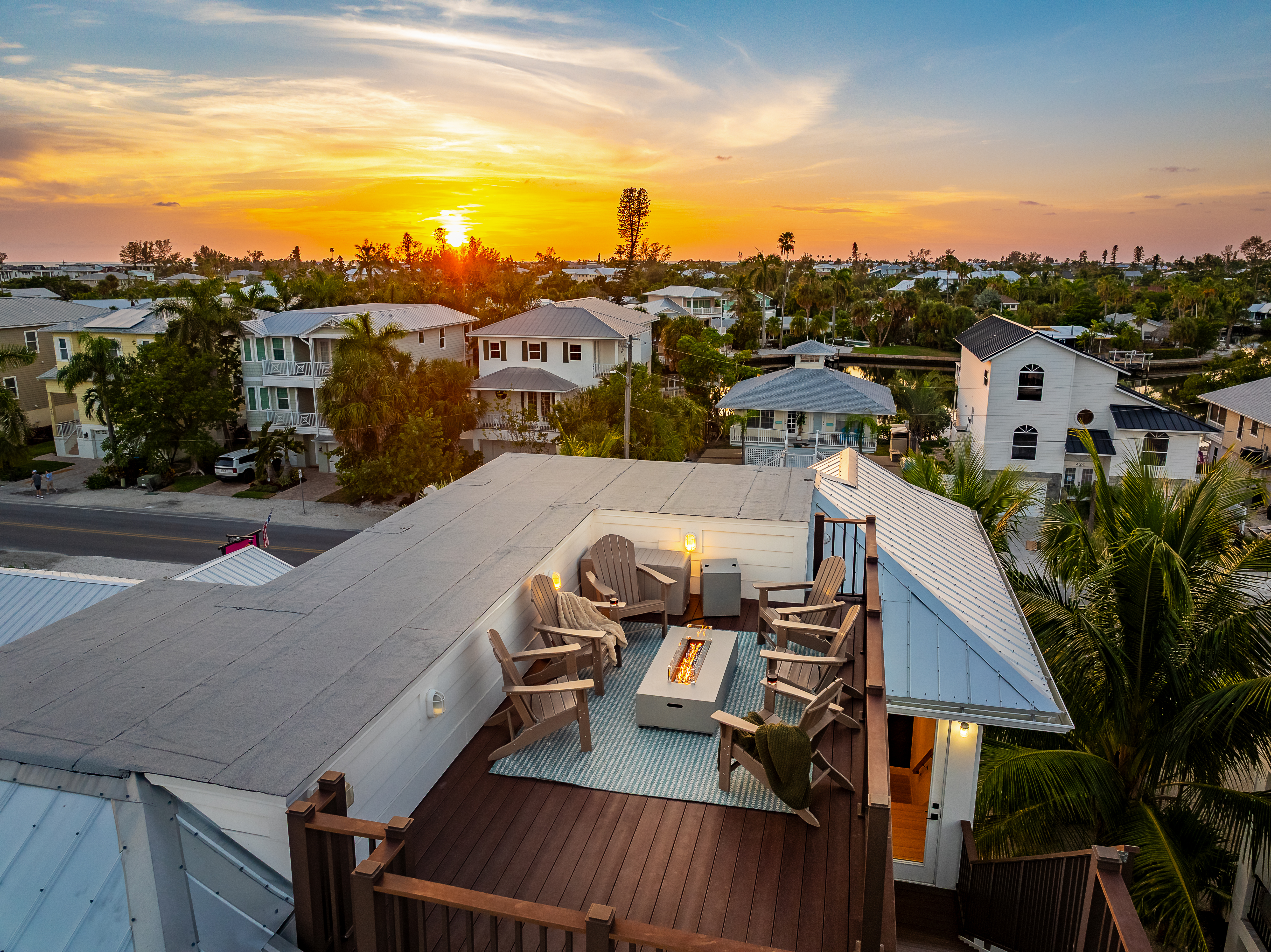 Rooftop deck with fire table and sunset views