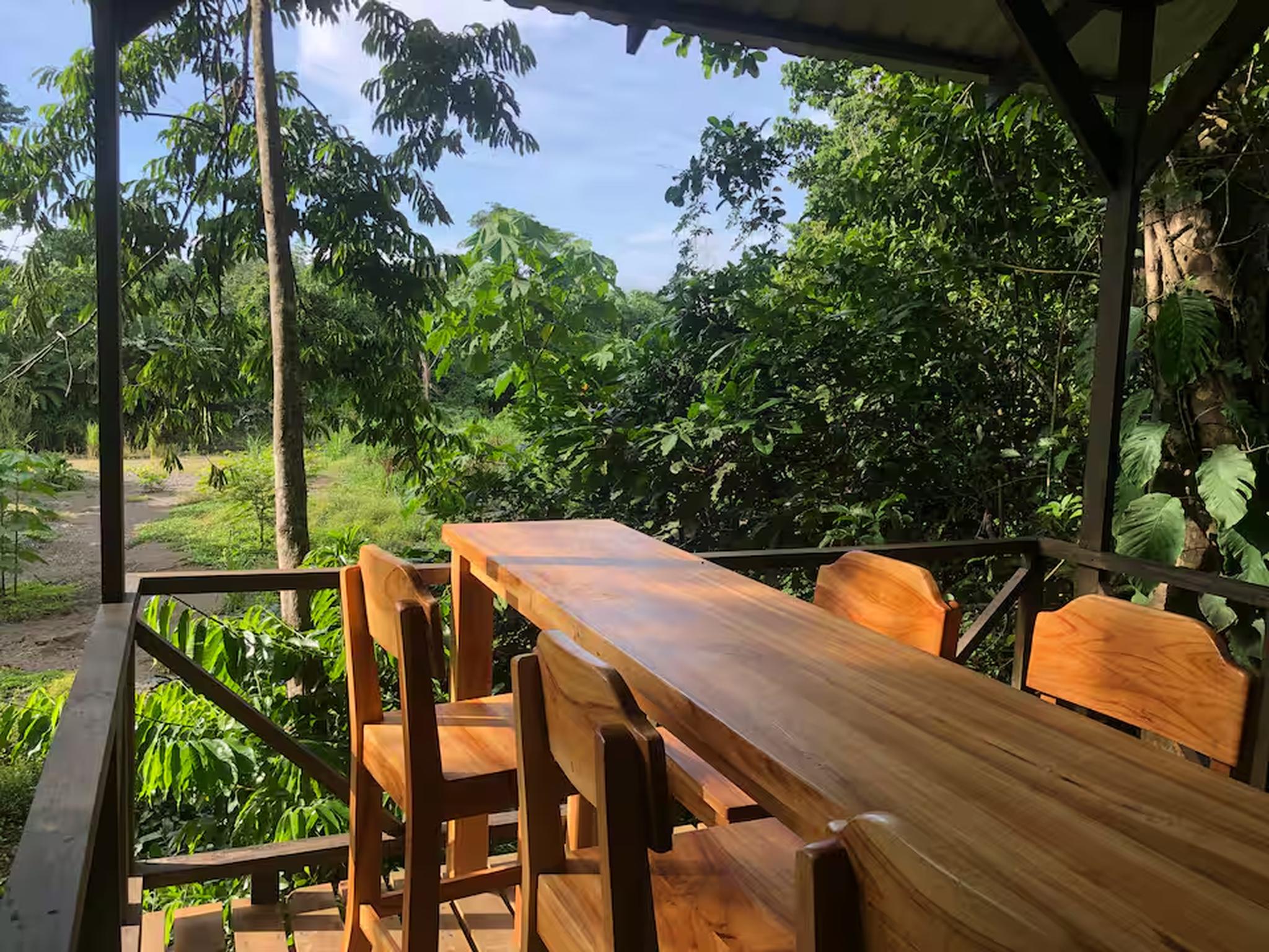 Covered jungle-view dining terrace with handcrafted wood table and serene greenery