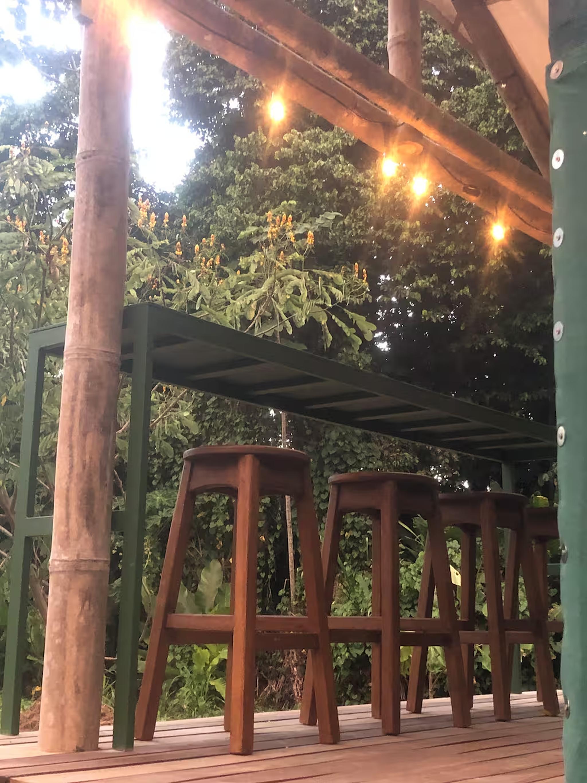Cozy outdoor bar seating with string lights and lush garden views