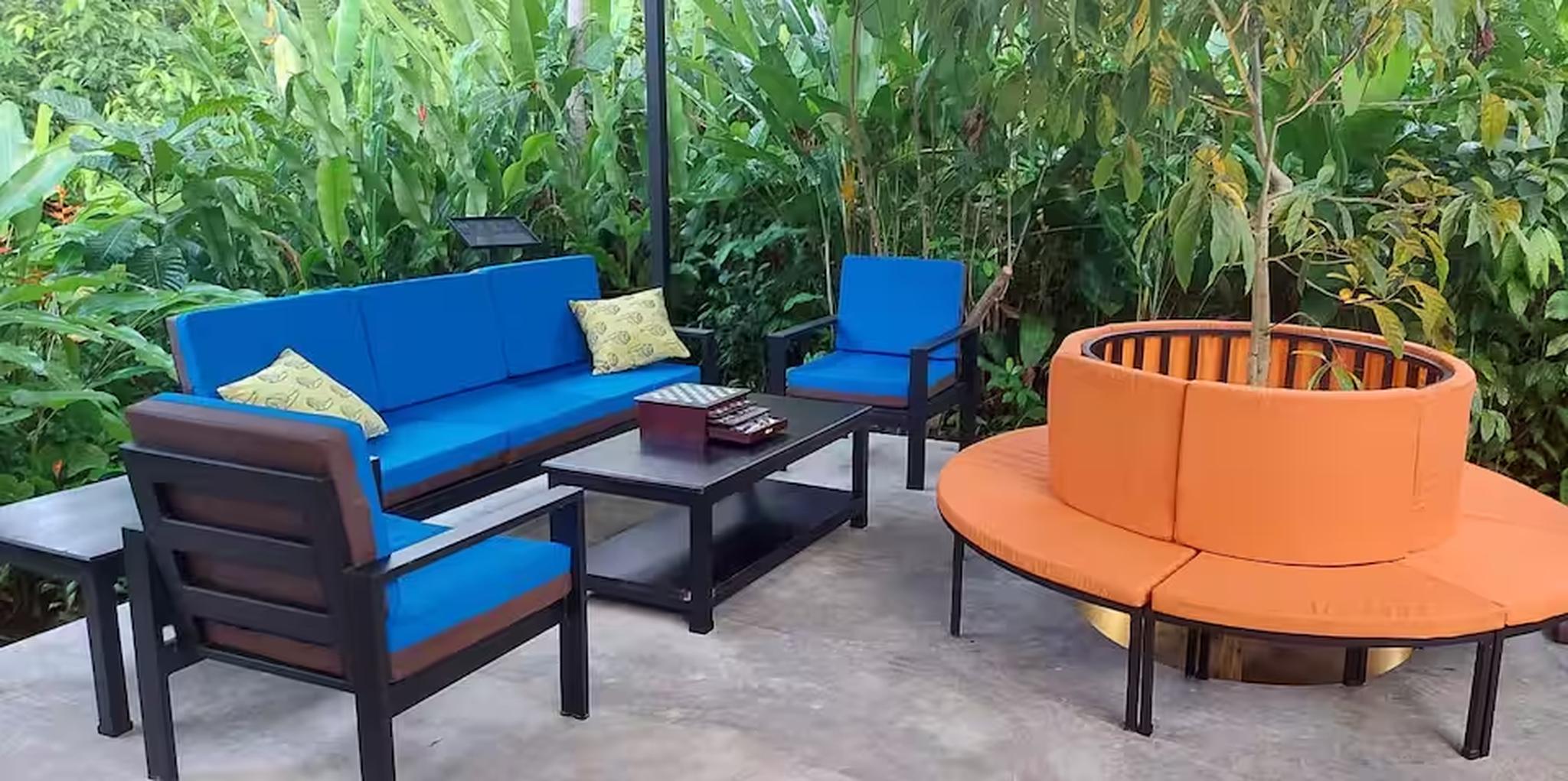 Tropical garden lounge with vibrant seating and serene outdoor vibes