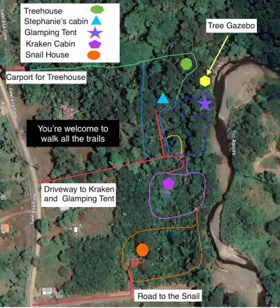 Aerial map of forest stays, scenic trails, river access, and a tree gazebo
