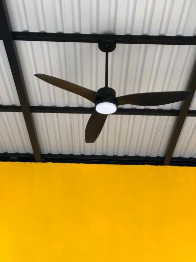 Modern ceiling fan with light in a bright, covered outdoor space