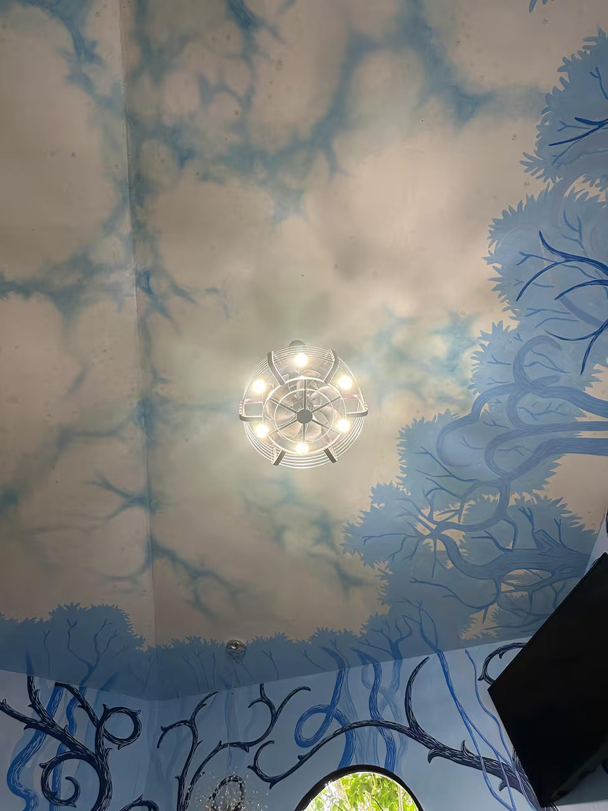 Whimsical mural ceiling with chandelier in a one-of-a-kind designer space