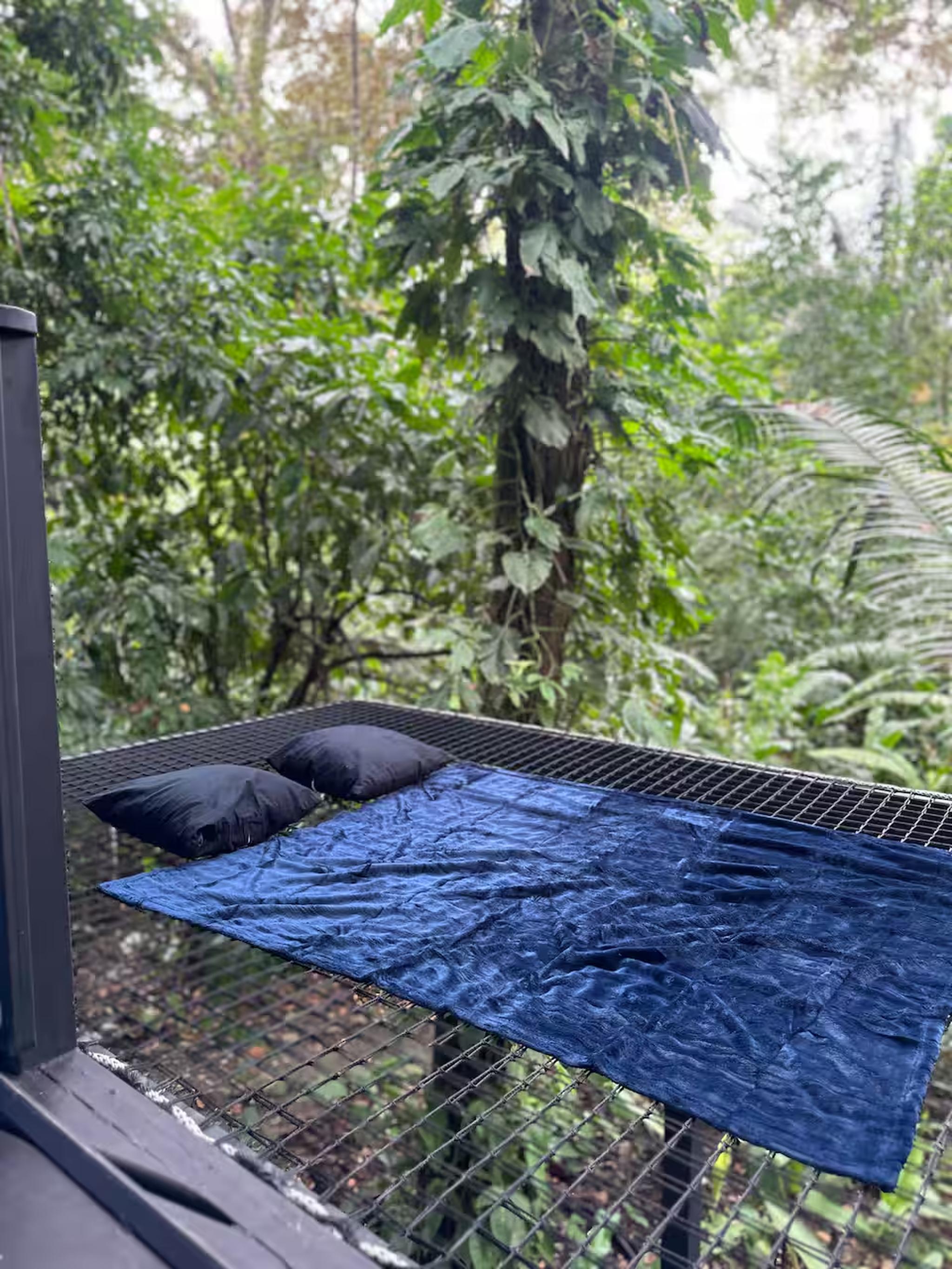 Treehouse-style lounging net with pillows in lush tropical surroundings