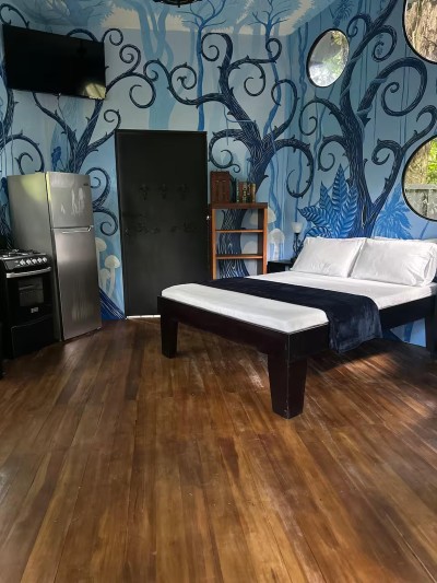 Artistic studio retreat with bold mural, kitchenette, and cozy bed