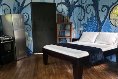 Artful studio with bold mural, cozy bed, and convenient kitchenette