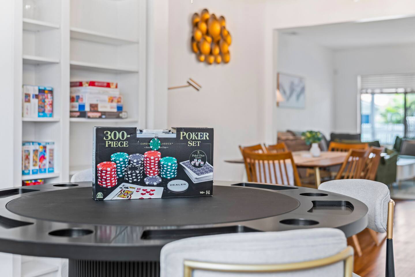Poker chips, cards, and gaming essentials are provided for an authentic game-night experience.