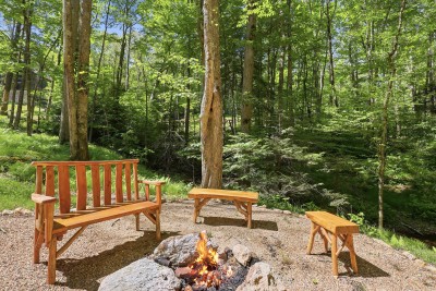Cozy forest fire pit featuring rustic seating and peaceful wooded views — a perfect spot to gather, roast marshmallows, and enjoy the magic of a mountain evening under the stars.