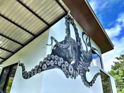 Eye-catching exterior with bold octopus mural and modern design appeal