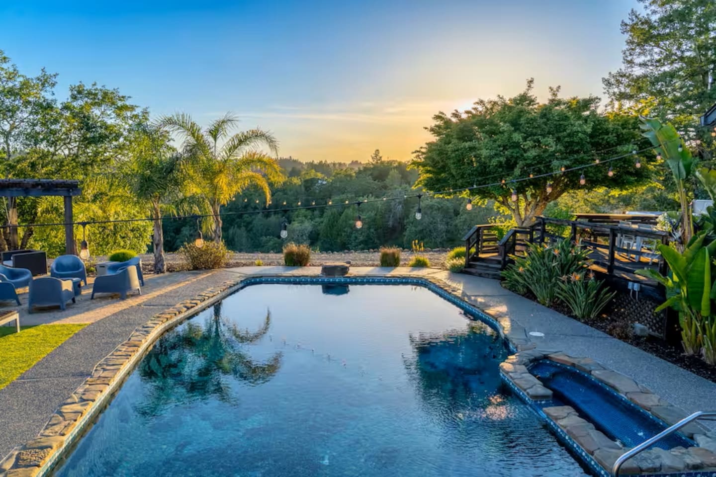 Start your morning with a refreshing swim, watching the sunrise over the lush rolling hills, and feel the tranquility wash over you.