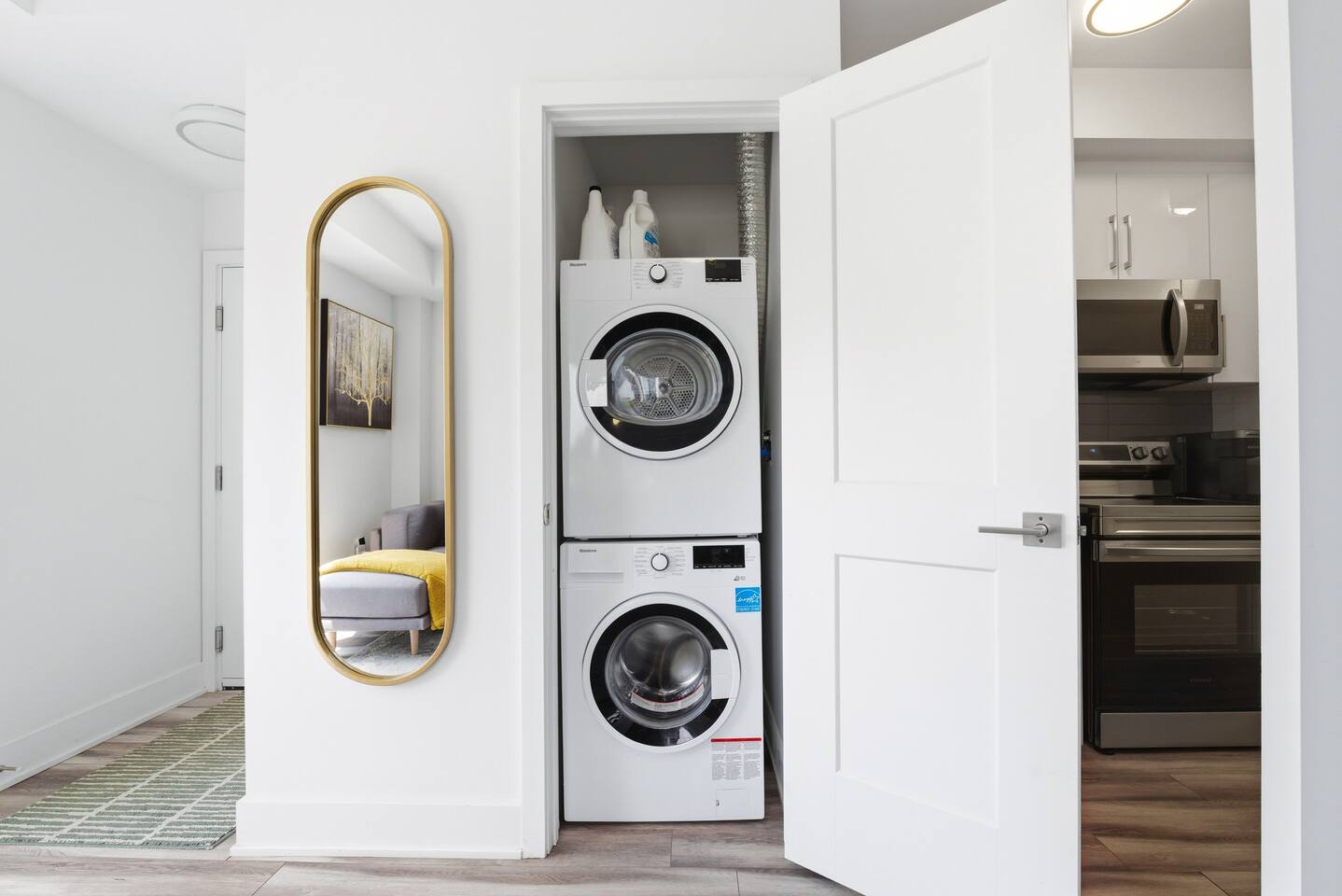 In-unit laundry with stacked washer and dryer, adding convenience for longer stays and easy packing.